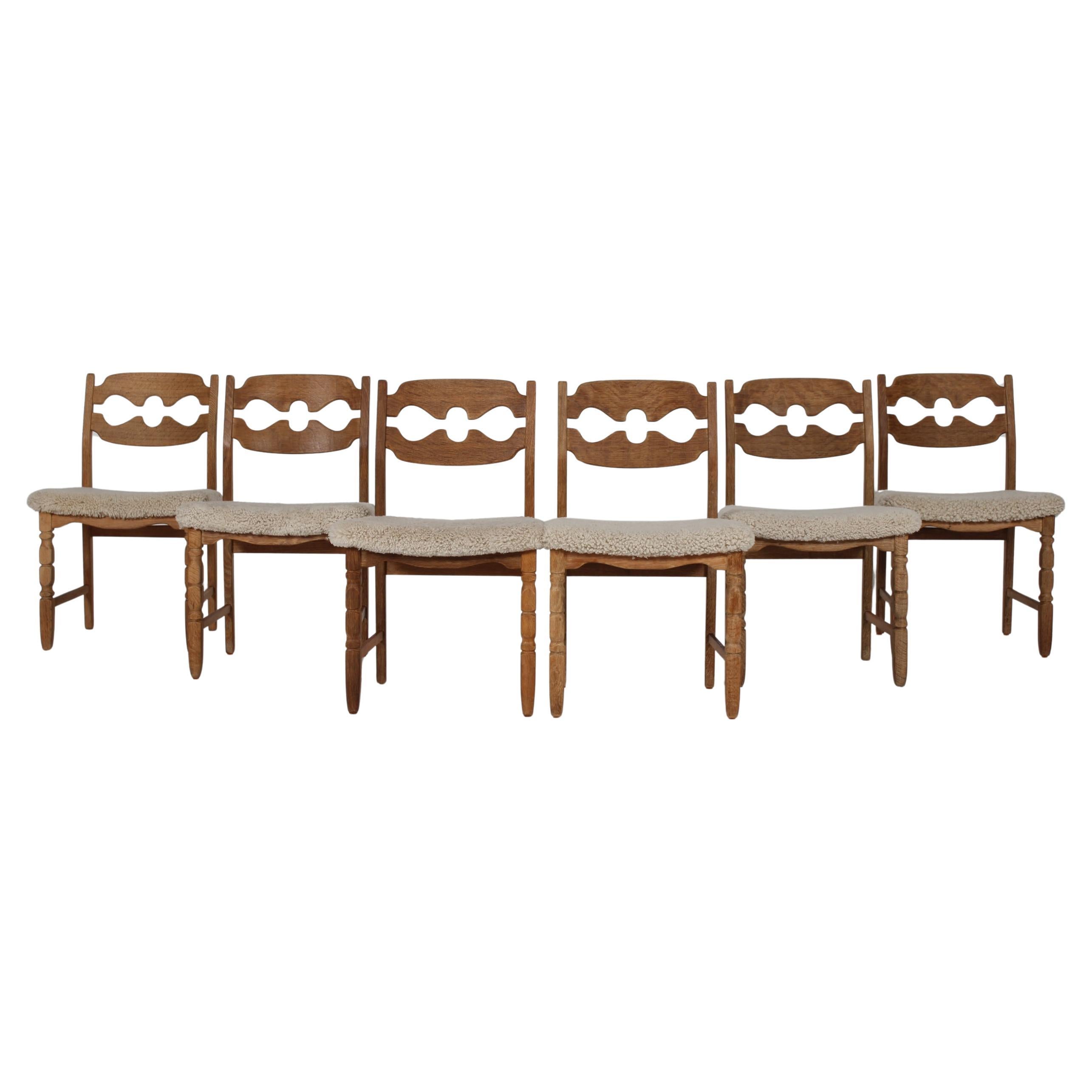 Set of 6 Danish Henning Kjærnulf Razor Blade Chairs of Oak + New Sheepskin 1970s
