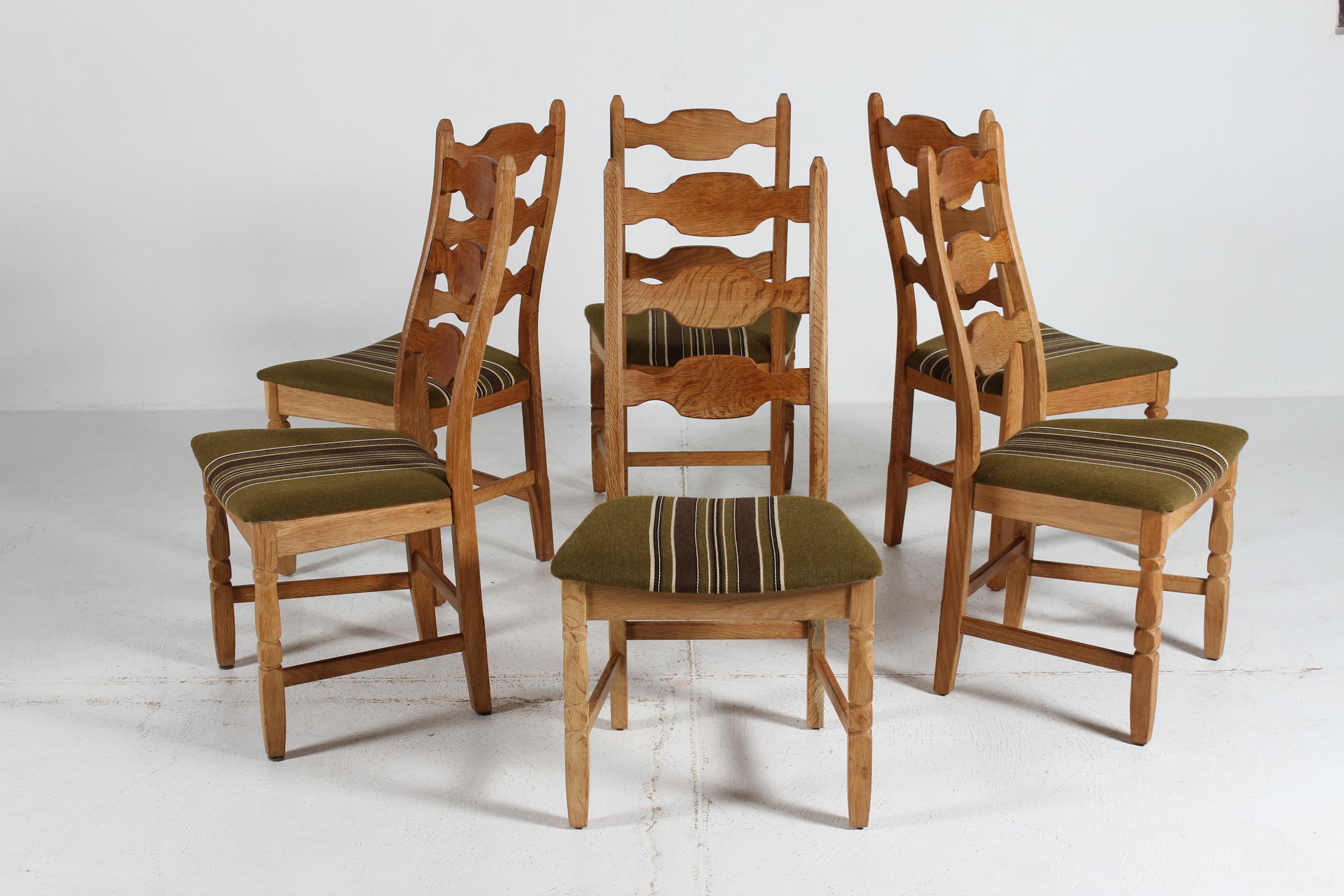 Set of 6 Danish Henning Kjærnulf Razor Blade Chairs of Oak + Original Wool 1970s For Sale 6