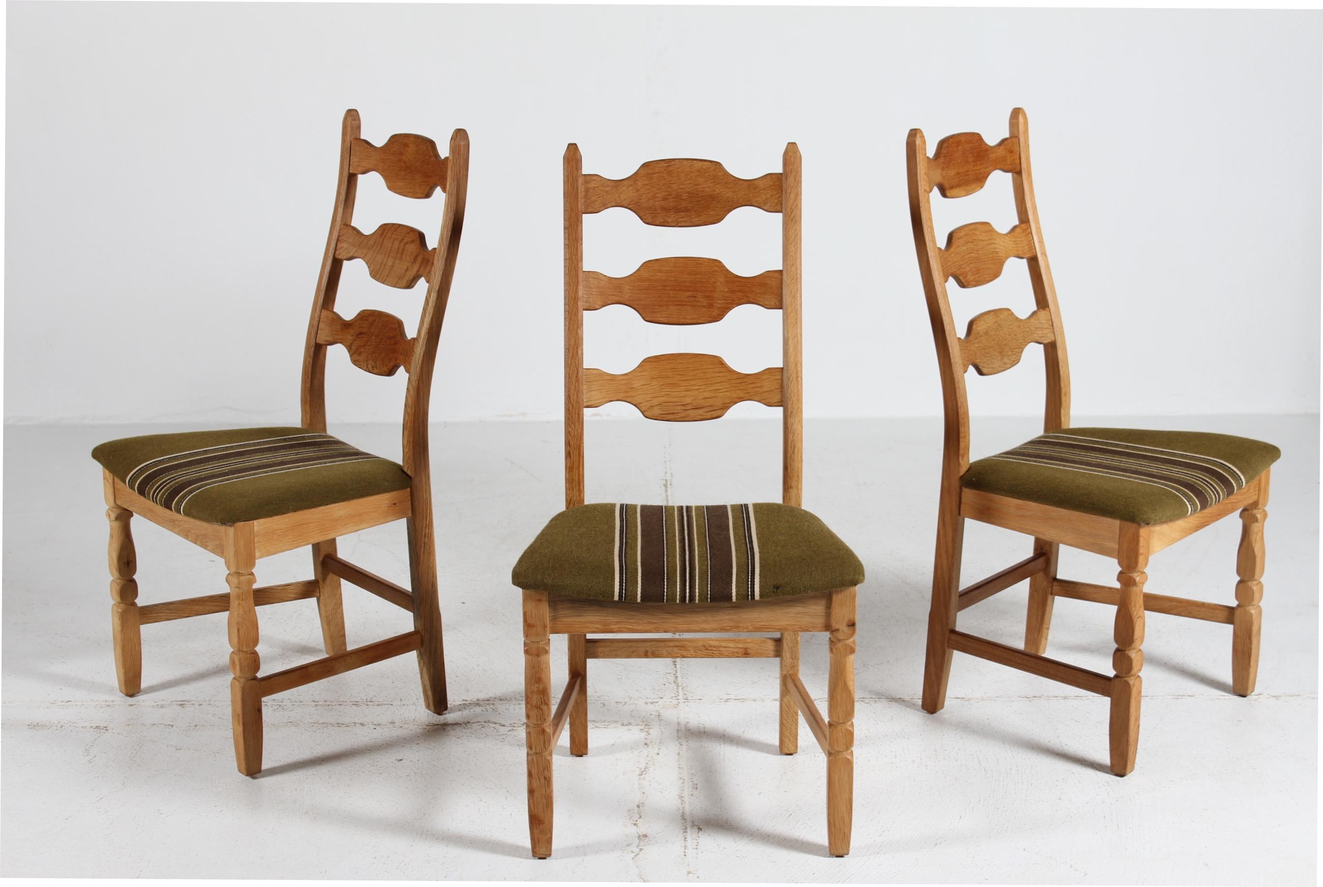 Set of 6 Danish Henning Kjærnulf Razor Blade Chairs of Oak + Original Wool 1970s For Sale 7