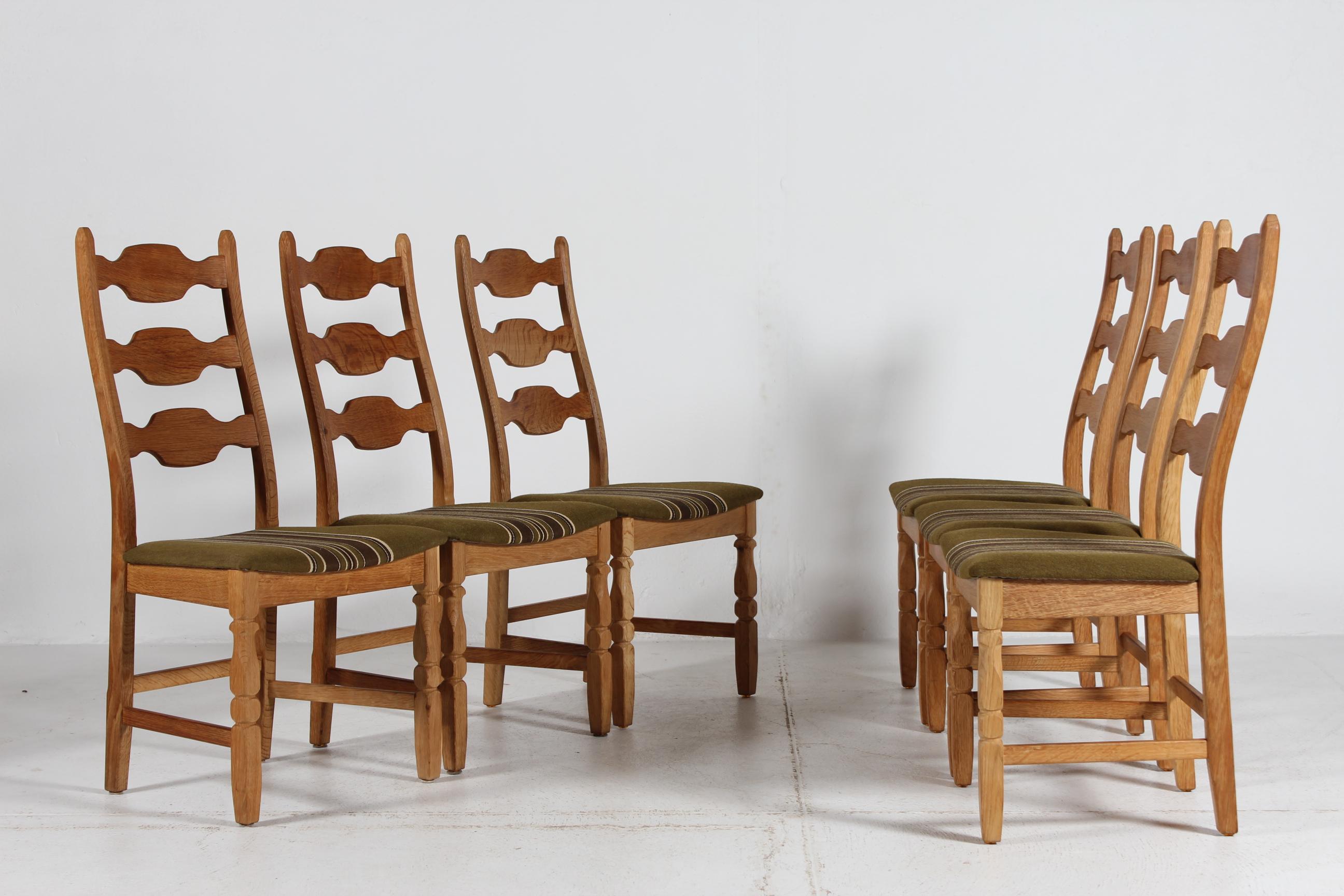 Mid-Century Modern Set of 6 Danish Henning Kjærnulf Razor Blade Chairs of Oak + Original Wool 1970s For Sale