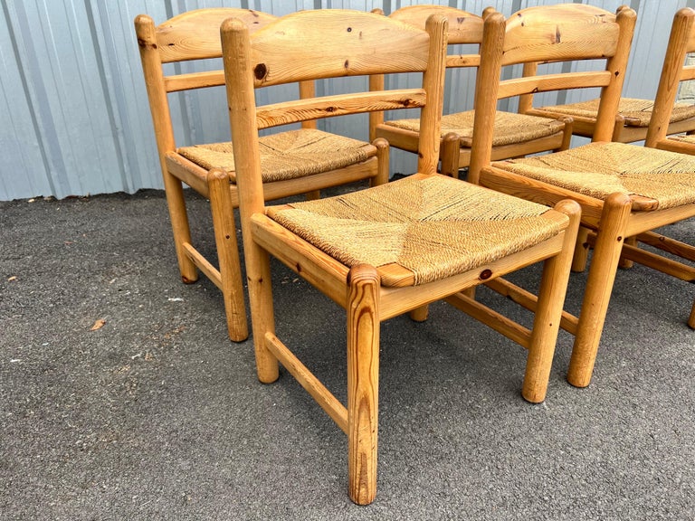 Set of 6 Danish Knotty Pine Dining Chairs with Rush Seats, circa 1970s
