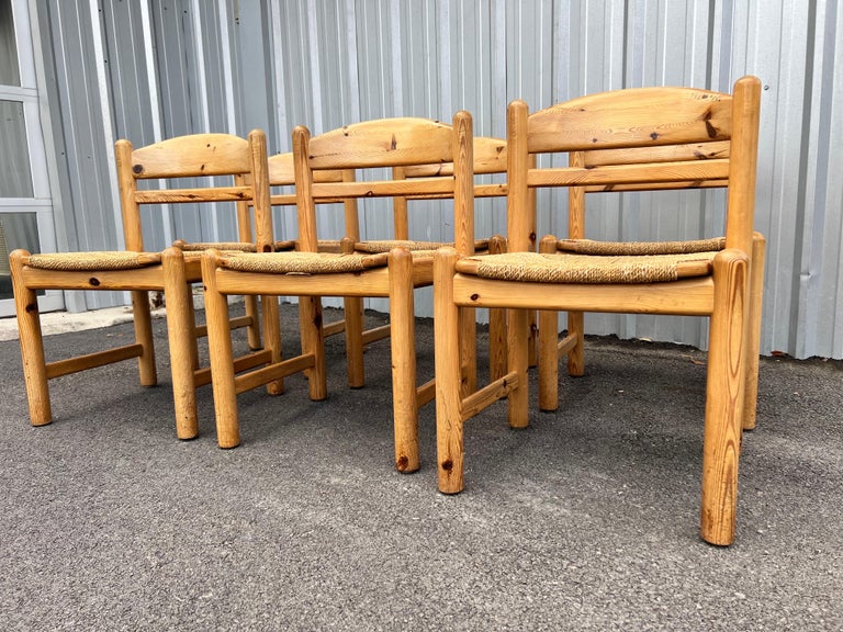 Set of 6 Danish Knotty Pine Dining Chairs with Rush Seats, circa 1970s