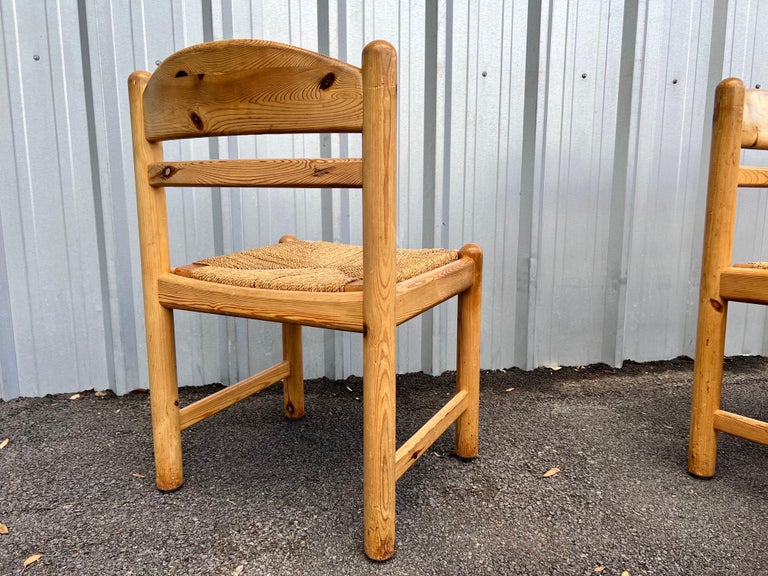 Set of 6 Danish Knotty Pine Dining Chairs with Rush Seats, circa 1970s