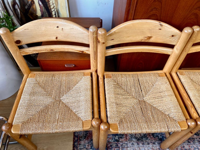 Set of 6 Danish Knotty Pine Dining Chairs with Rush Seats, circa 1970s