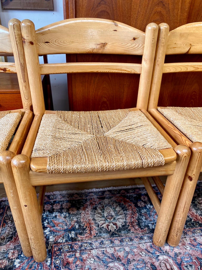 Set of 6 Danish Knotty Pine Dining Chairs with Rush Seats, circa 1970s