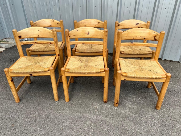 Set of 6 Danish Knotty Pine Dining Chairs with Rush Seats, circa 1970s