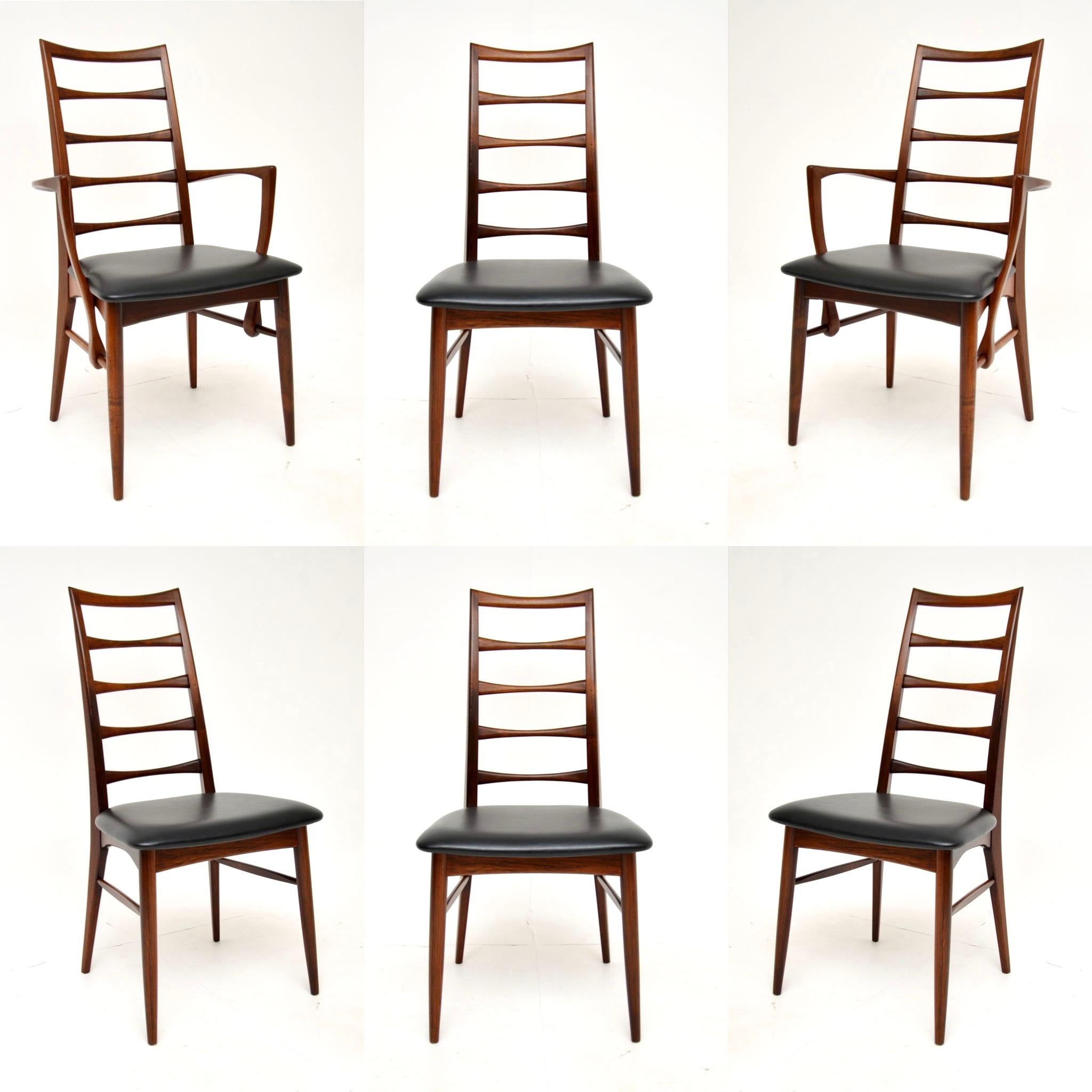 An extremely stylish and very rare set of six Danish wood dining chairs. They were designed by Niels Koefoed and made in Denmark by Koefoed Hornslet in the 1960’s. This model is called the ‘Lis’ chair.

The quality is outstanding, with sculptural