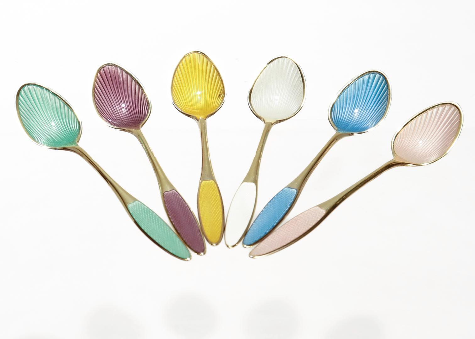 Modern Set of 6 Danish Mid-Century Gilt & Enameled Sterling Silver Demitasse Spoons 