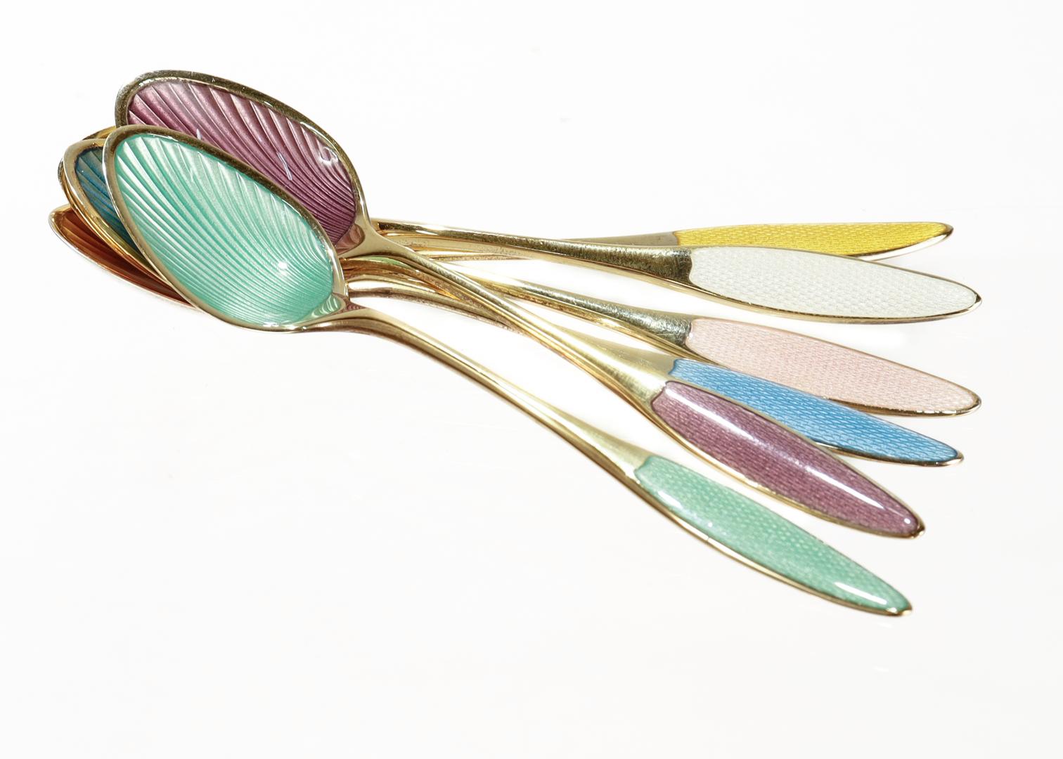 Women's or Men's Set of 6 Danish Mid-Century Gilt & Enameled Sterling Silver Demitasse Spoons 