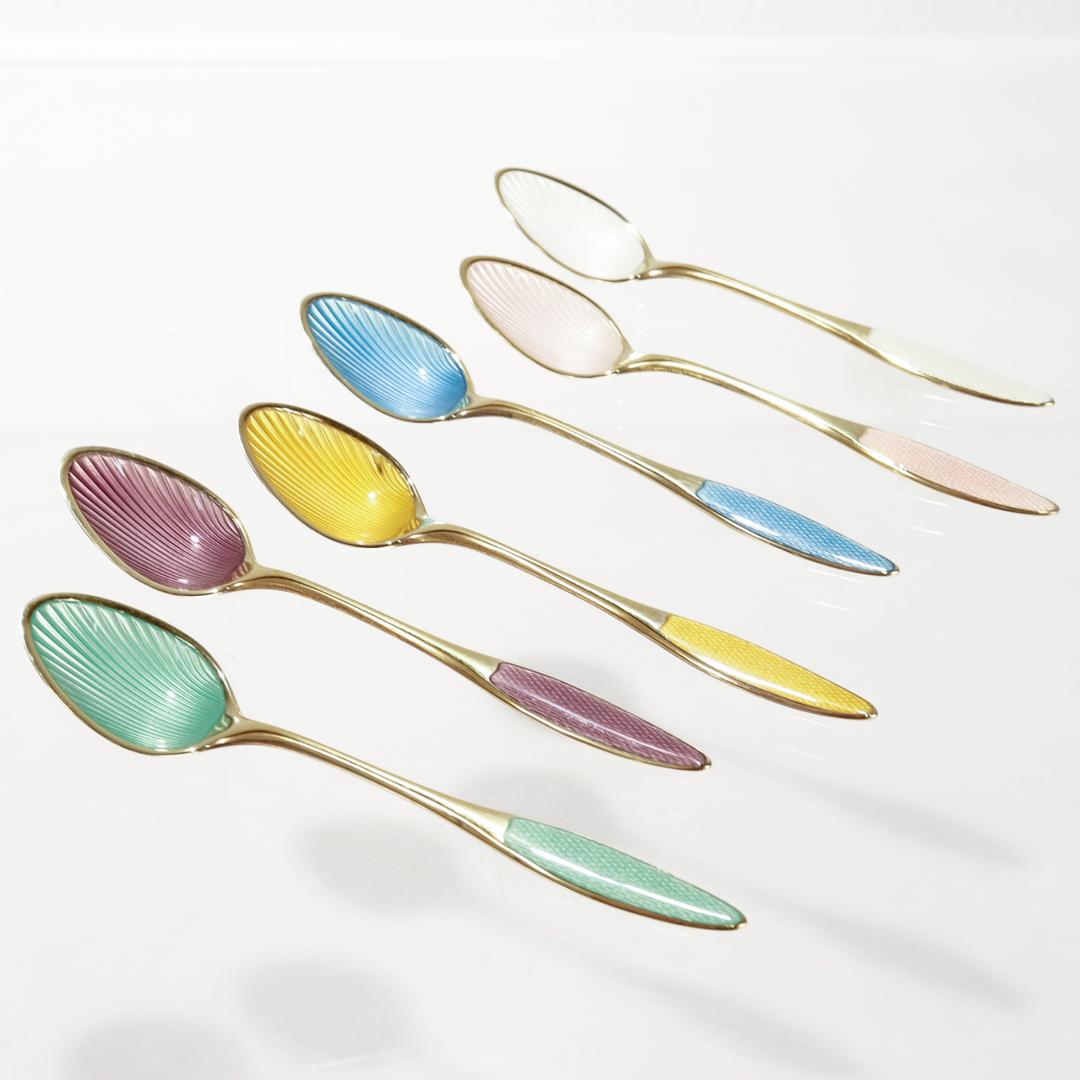 Set of 6 Danish Mid-Century Gilt & Enameled Sterling Silver Demitasse Spoons  1