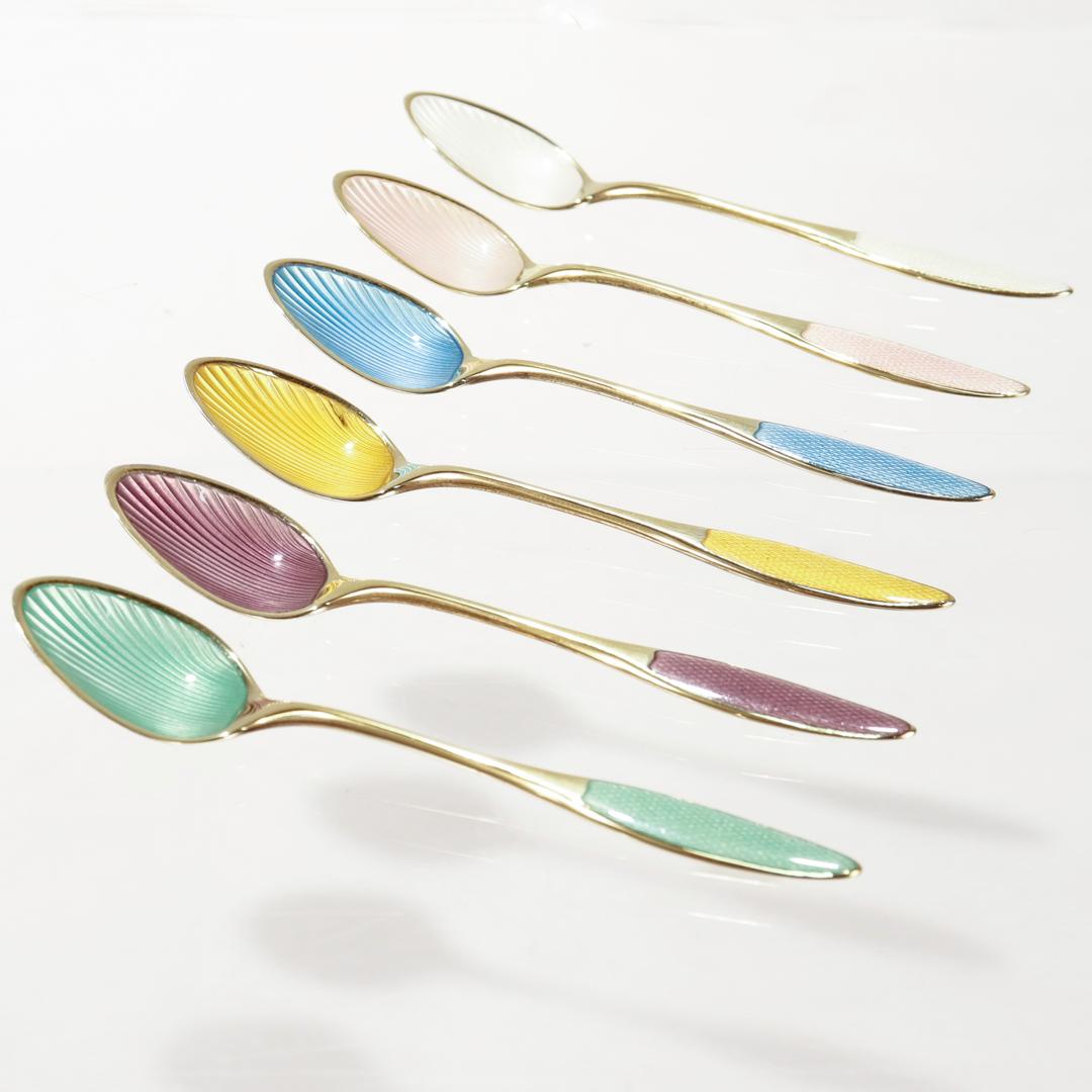 Set of 6 Danish Mid-Century Gilt & Enameled Sterling Silver Demitasse Spoons  2