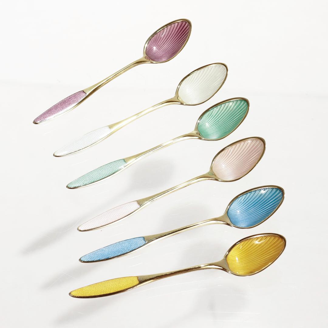 Set of 6 Danish Mid-Century Gilt & Enameled Sterling Silver Demitasse Spoons  3