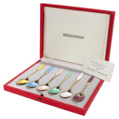Set of 6 Danish Mid-Century Gilt & Enameled Sterling Silver Demitasse Spoons 