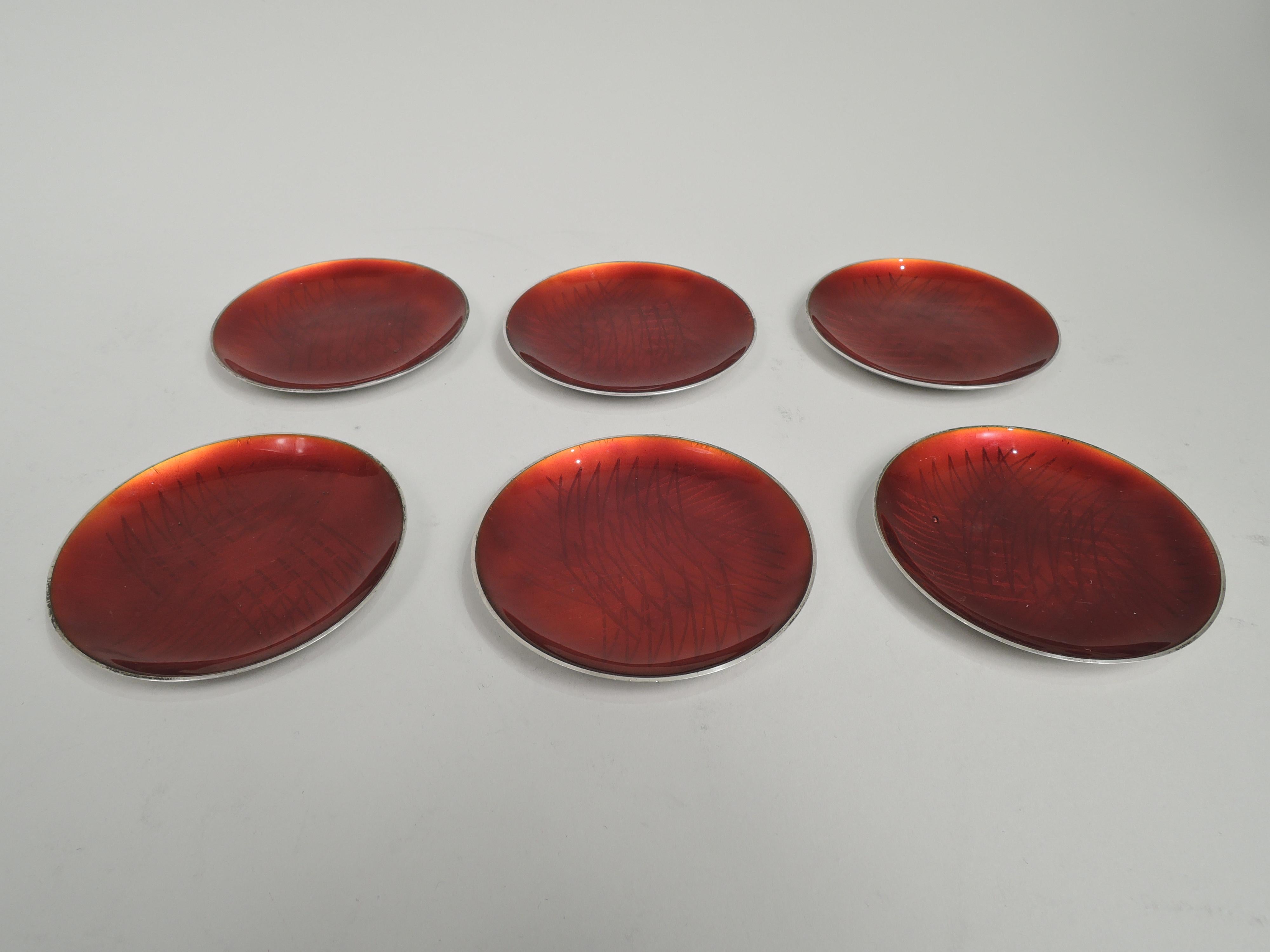 Mid-Century Modern Set of 6 Danish Midcentury Sterling Silver & Red Enamel Open Salts For Sale