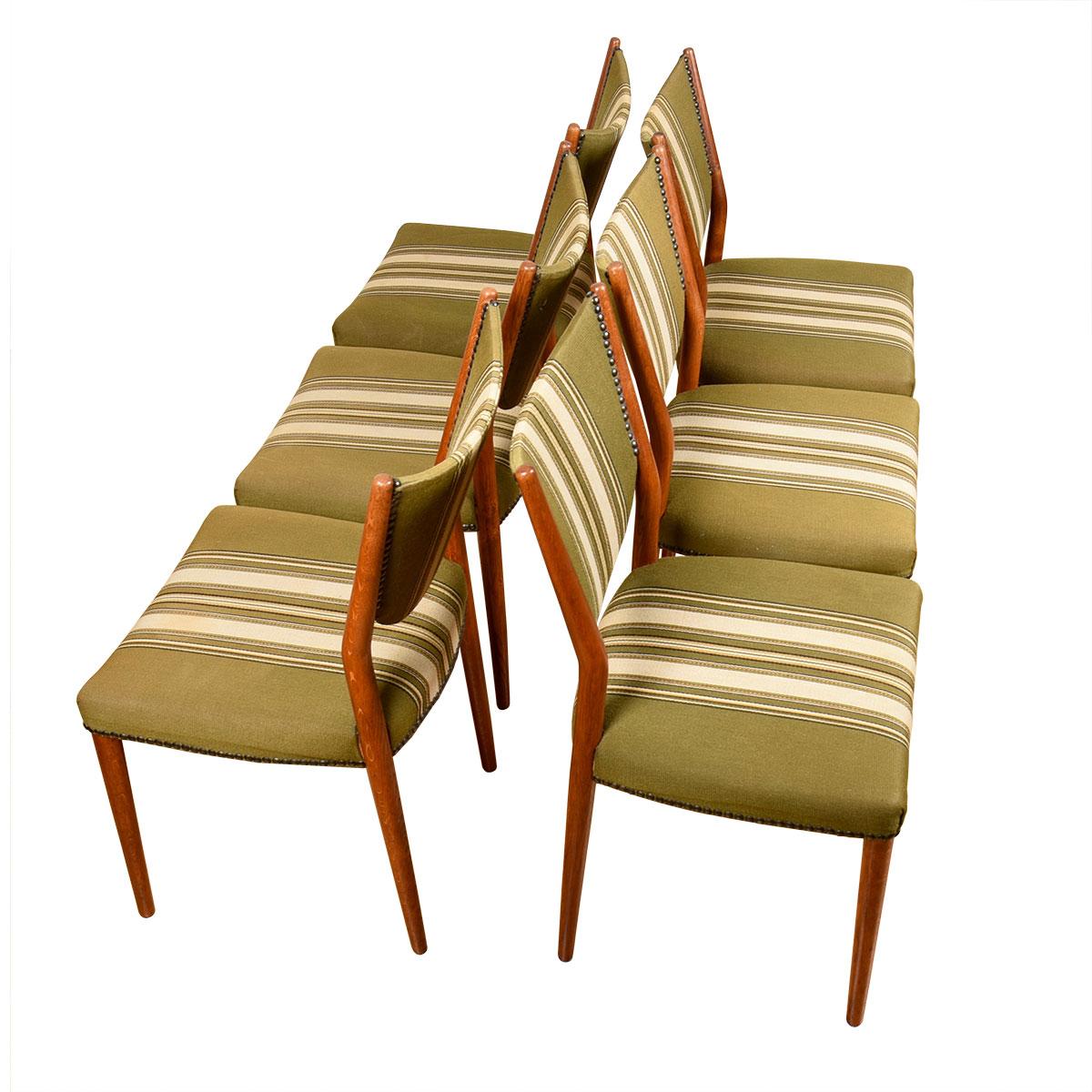 Mid-Century Modern Set of 6 Danish Modern Dining Chairs with Striped Upholstery For Sale
