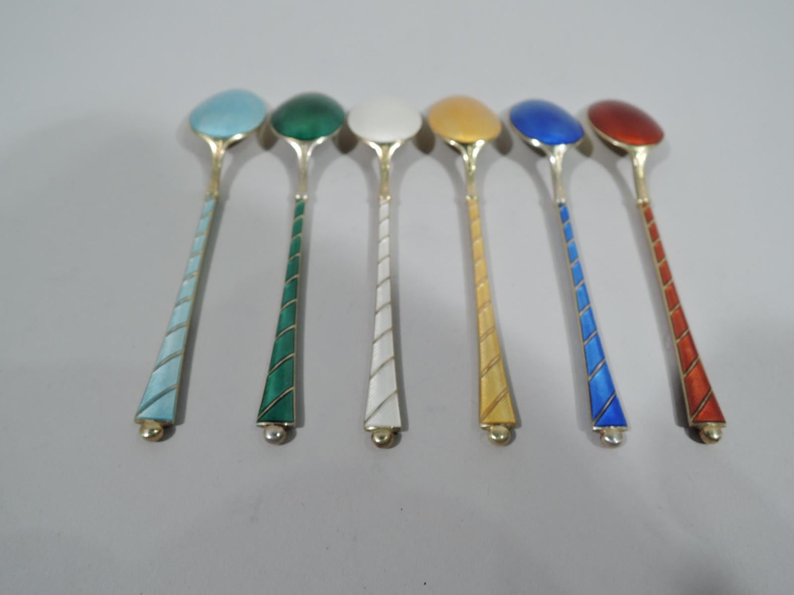 Set of 6 Mid-Century Modern gilt sterling silver and guilloche enamel demitasse spoons. Made by Egon Lauridsen in Denmark. Tapering handle with ball terminal and double-sided enameling in diagonal silver gilt frames. Bowl silver gilt with enameled