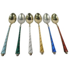 Set of 6 Danish Modern Gilt Sterling Silver & Enamel Demitasse Spoons