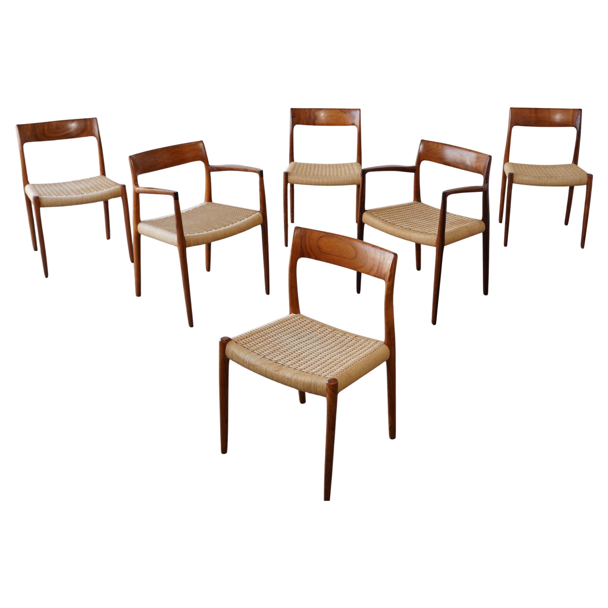 Satz von 6 dänischen modernen Niels Otto Møller Palisander Papierkordel Esszimmerstühle im Angebot