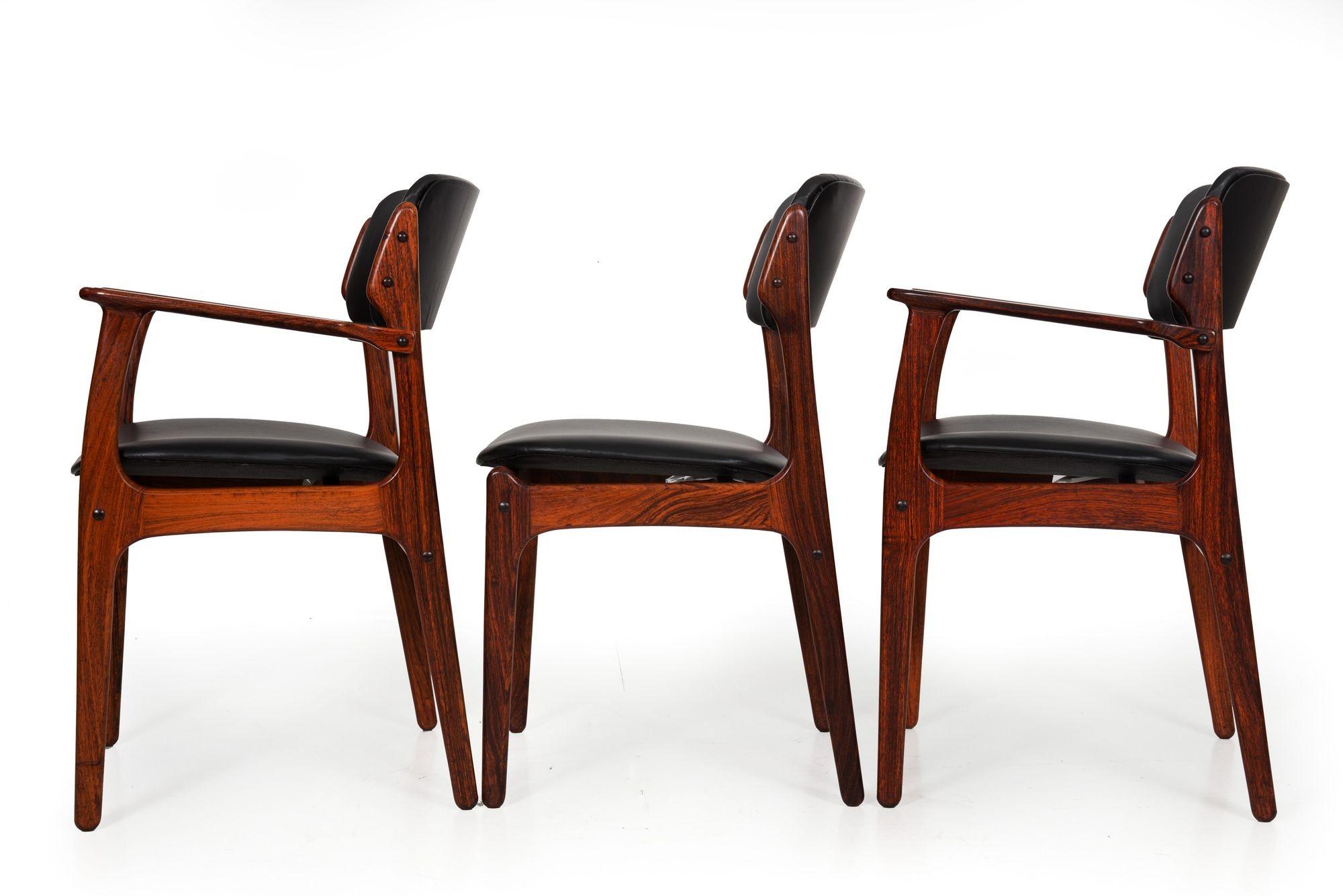 Mid-Century Modern Set of 6 Danish Modern Rosewood Black Leather Dining Chairs by Erik Buch