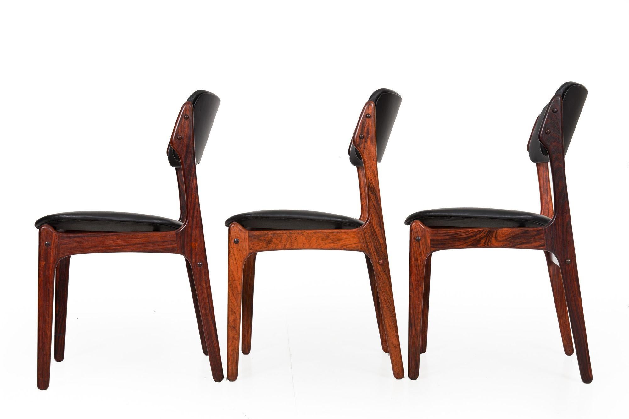 Set of 6 Danish Modern Rosewood Black Leather Dining Chairs by Erik Buch 2