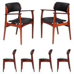 Set of 6 Danish Modern Rosewood Black Leather Dining Chairs by Erik Buch