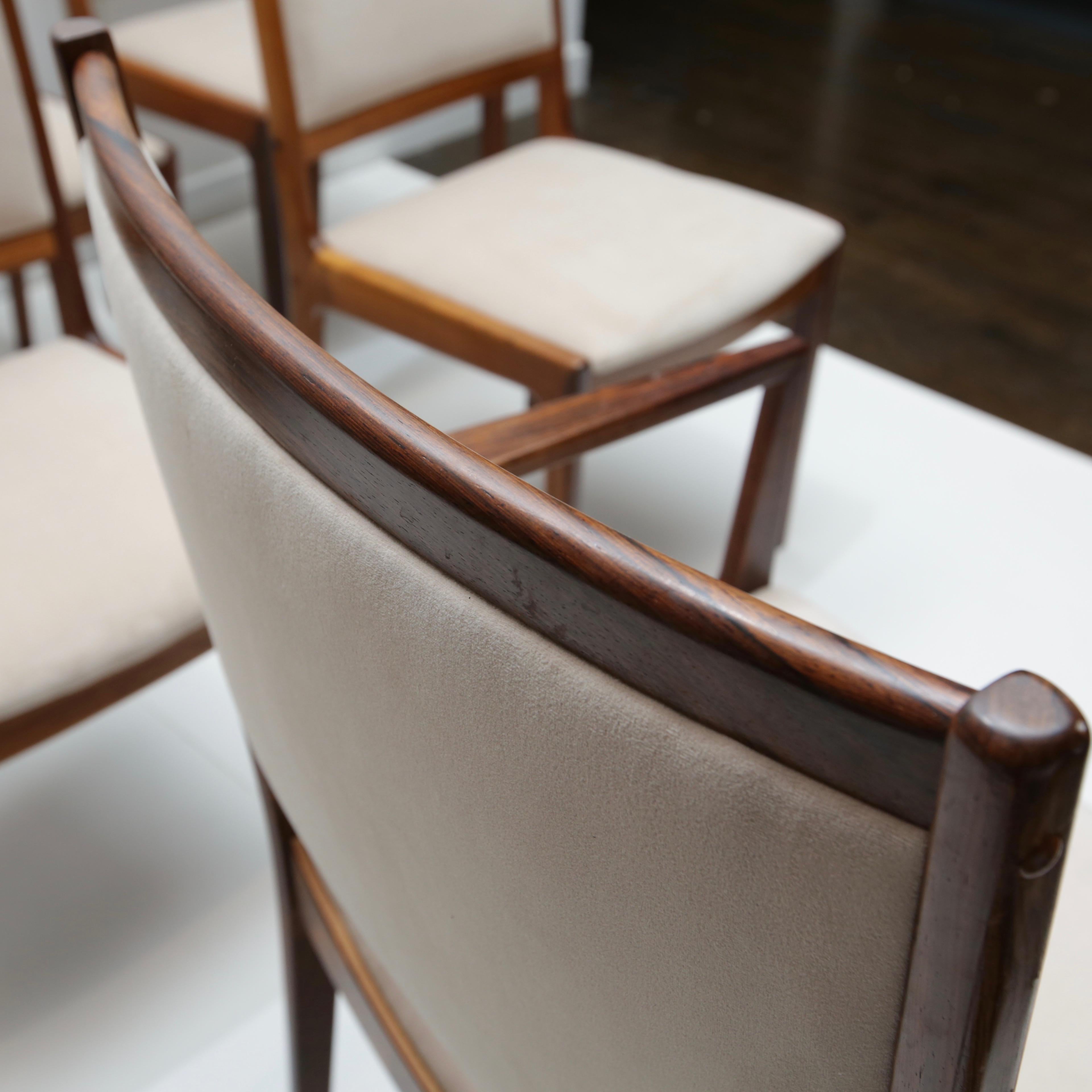 Nice clean set of 1970s era rosewood dining chairs newly reupholstered in light beige velvet. 

Bernh. Pedersen & Son is a family owned furniture maker with a strong tradition in high quality cabinetmaking since the company’s start in 1902. Today,