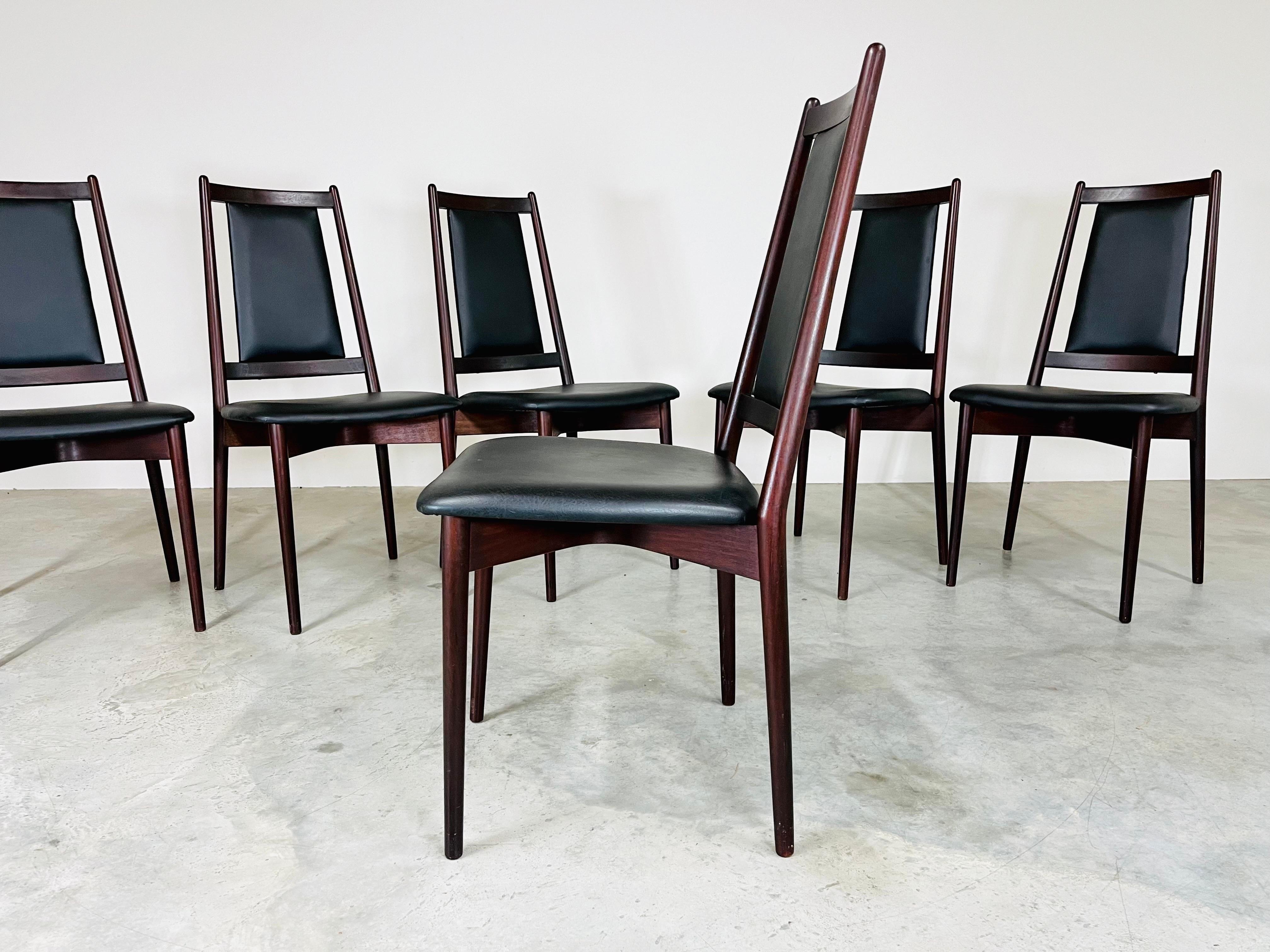 Faux Leather Set of 6 Danish Modern Teak Dining Chairs After Johannes Andersen