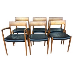 Vintage Set of 6 Danish Modern Teak & Leather Chairs by Niels Moller Model 77