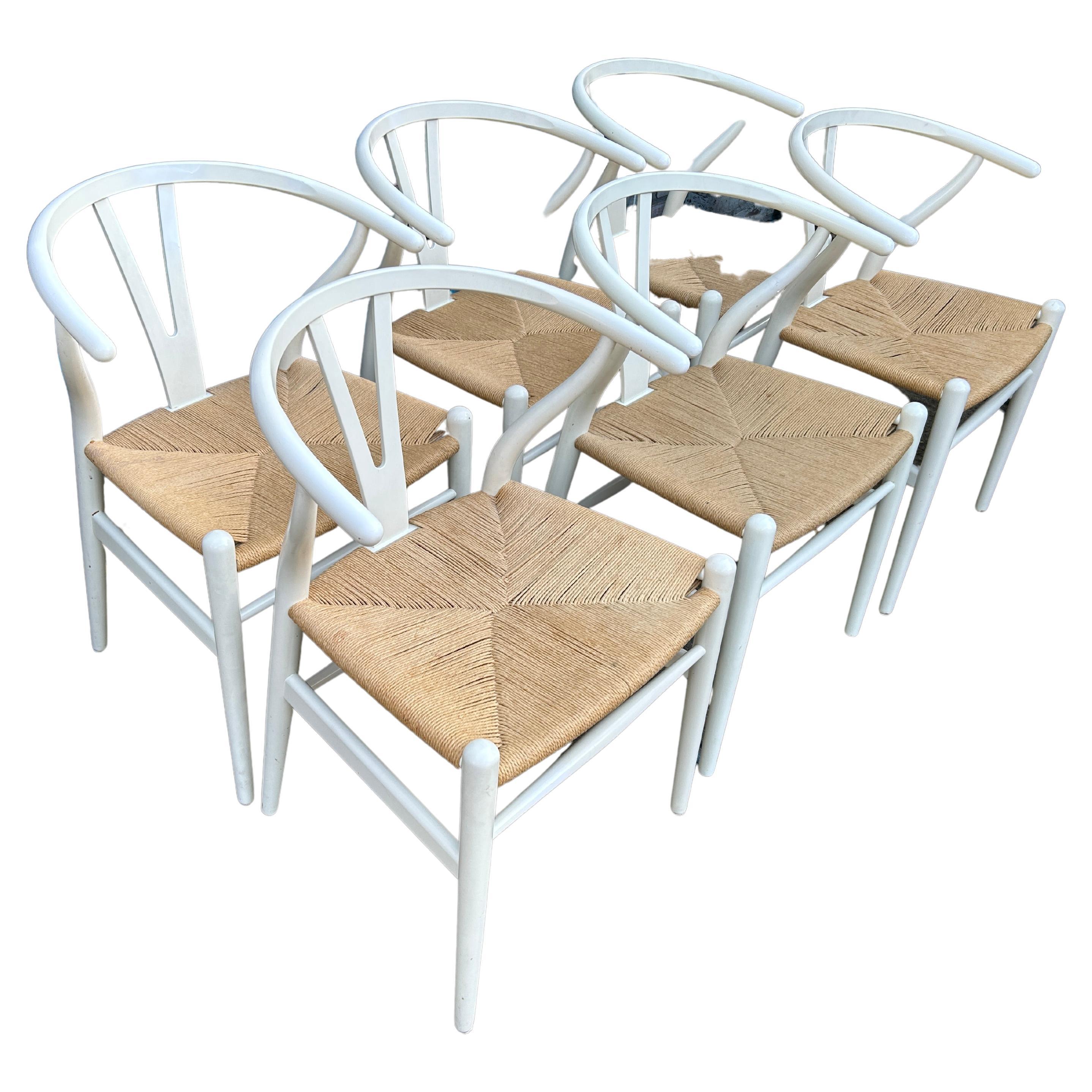 Set of ‘6’ danish modern white wishbone chairs by Hans J Wegner 