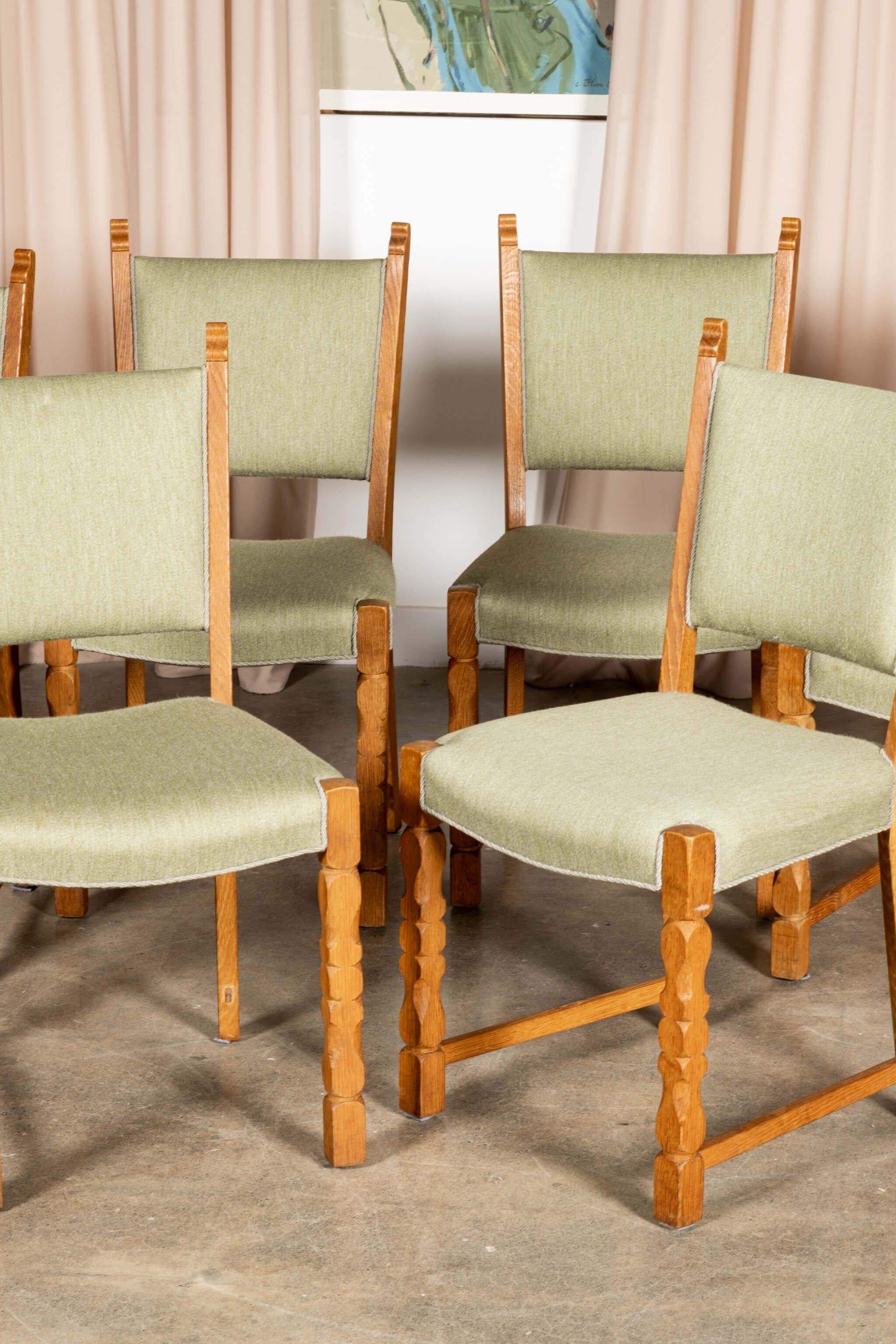 Scandinavian Modern Set of 6 Danish Oak Chairs, Original Mint Green Upholstery