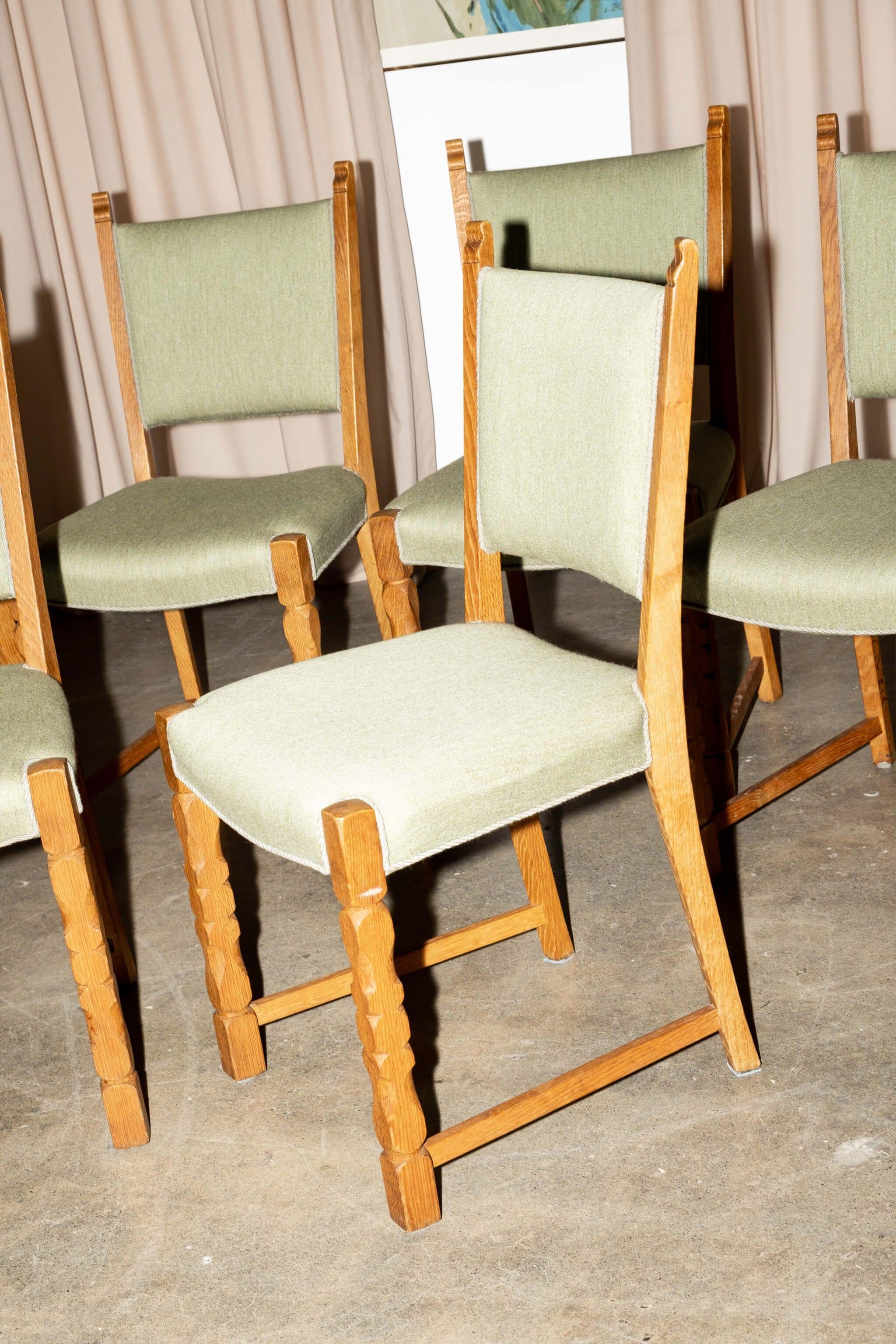 Set of 6 Danish Oak Chairs, Original Mint Green Upholstery In Good Condition In Toronto, CA