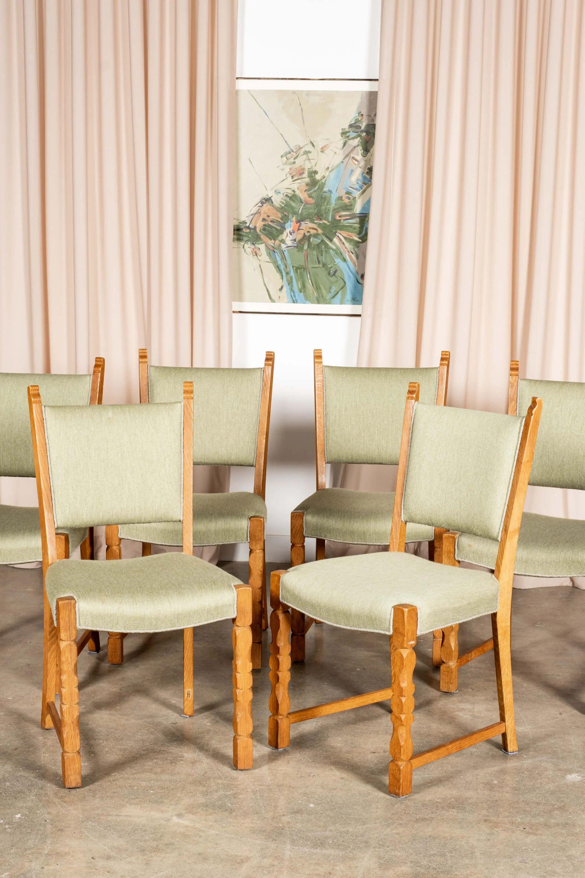 Set of 6 Danish Oak Chairs, Original Mint Green Upholstery 1