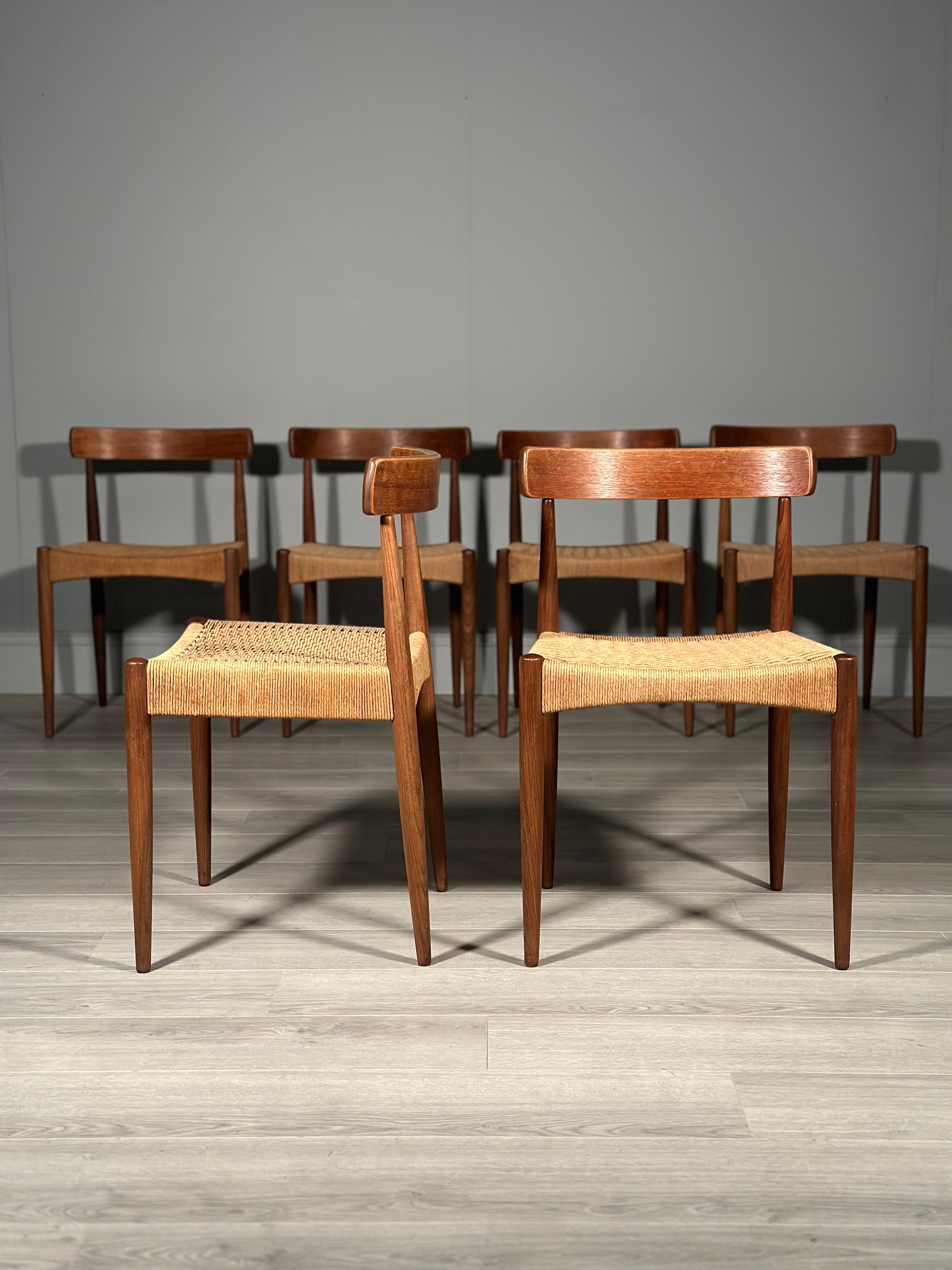 Mid-Century Modern Set of 6 Danish Teak And Paper Cord Dining Chairs Designed By Arne Hovmand Olsen For Sale