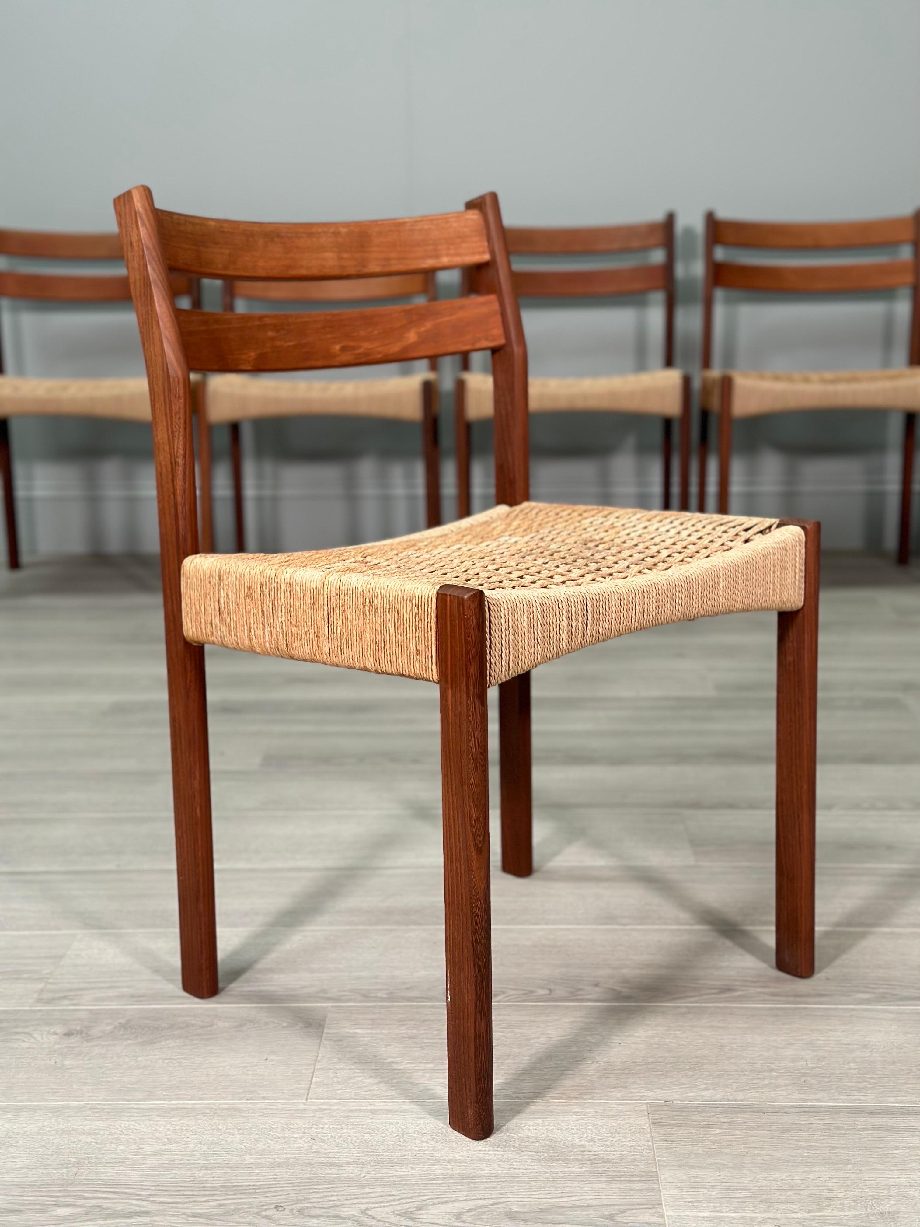 Hand-Crafted Set of 6 Danish Teak And Paper Cord Dining Chairs Designed By Arne Hovmand Olsen