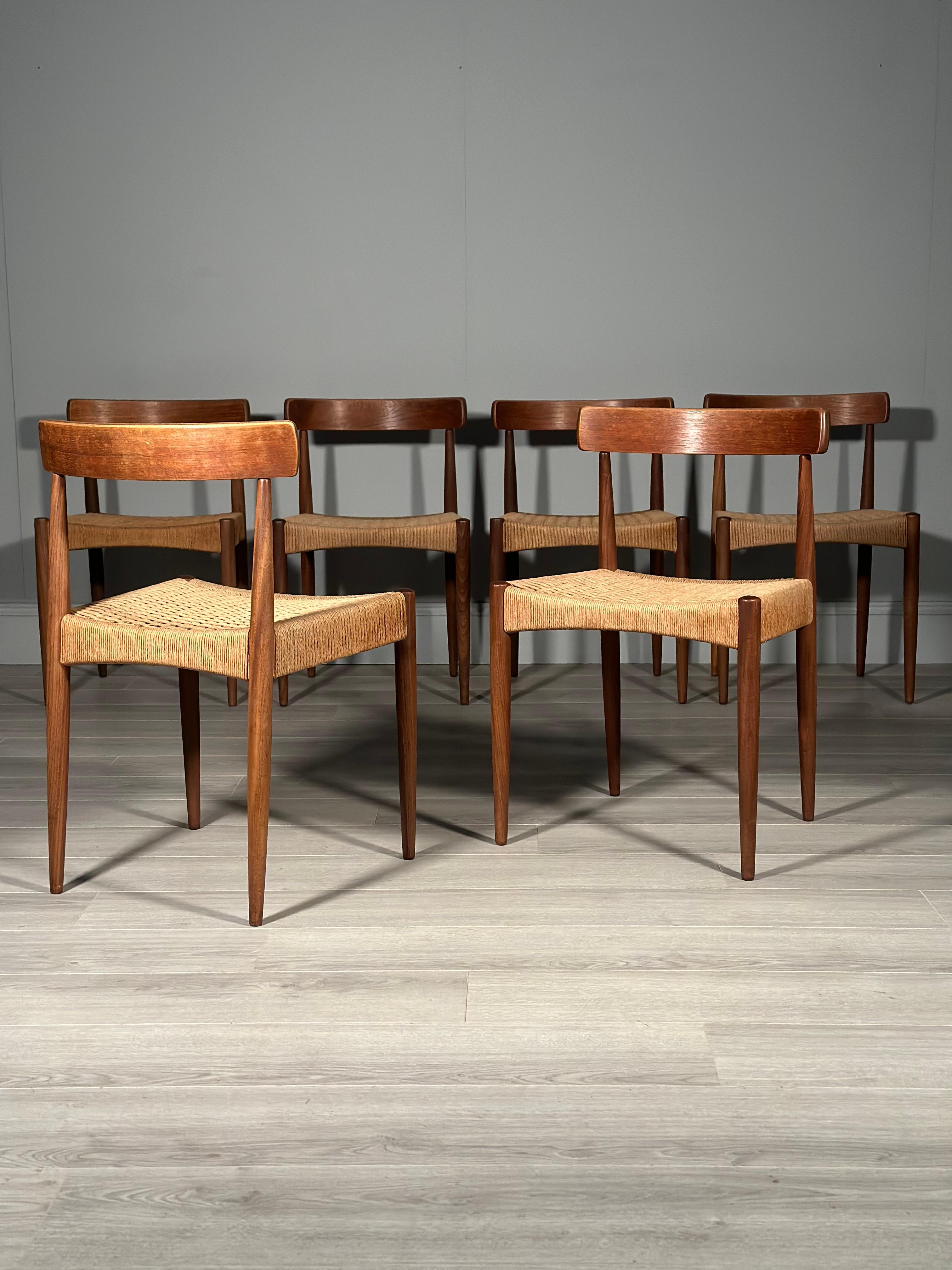 Hand-Crafted Set of 6 Danish Teak And Paper Cord Dining Chairs Designed By Arne Hovmand Olsen For Sale