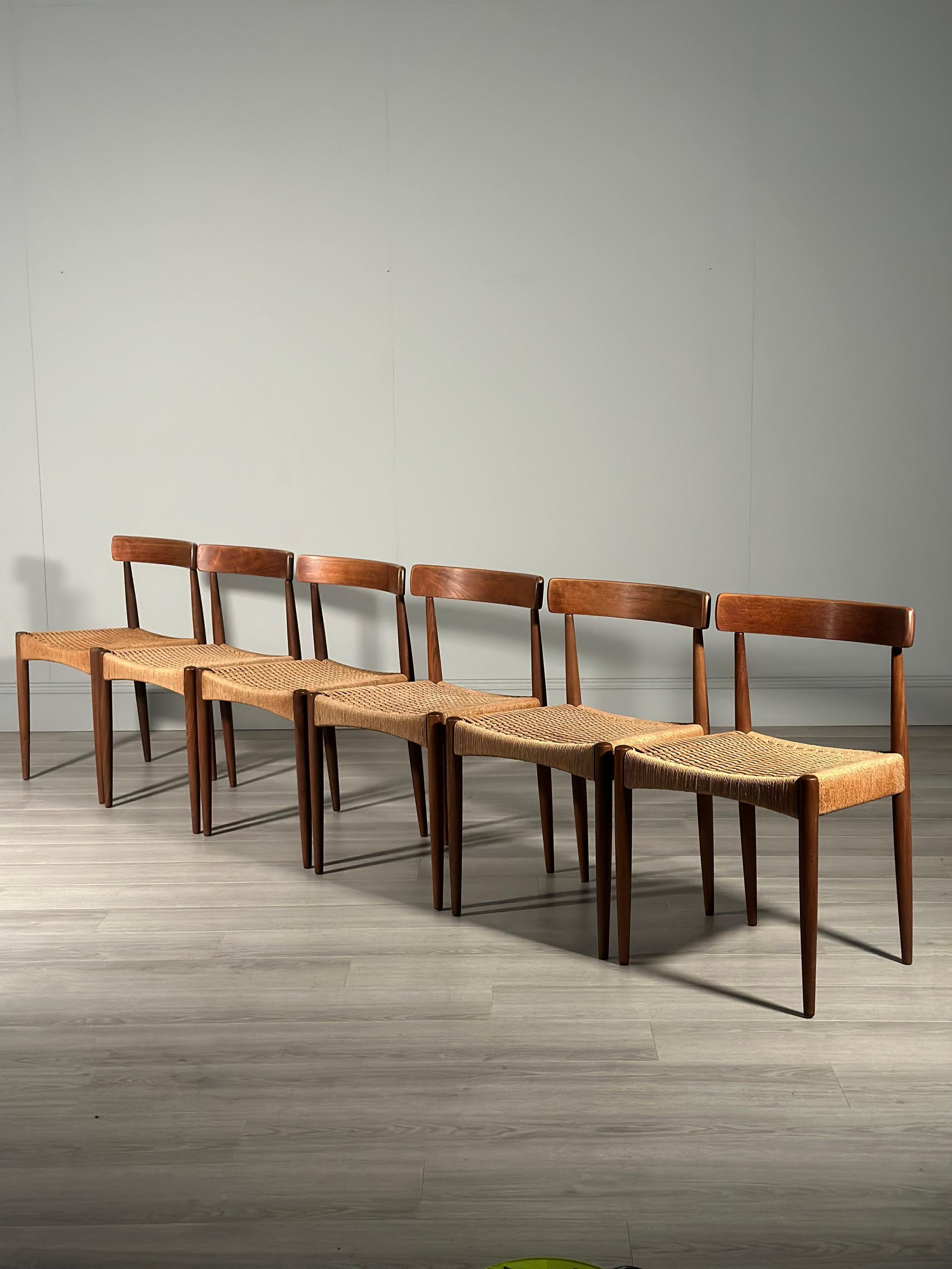 Set of 6 Danish Teak And Paper Cord Dining Chairs Designed By Arne Hovmand Olsen In Good Condition For Sale In Accrington, GB