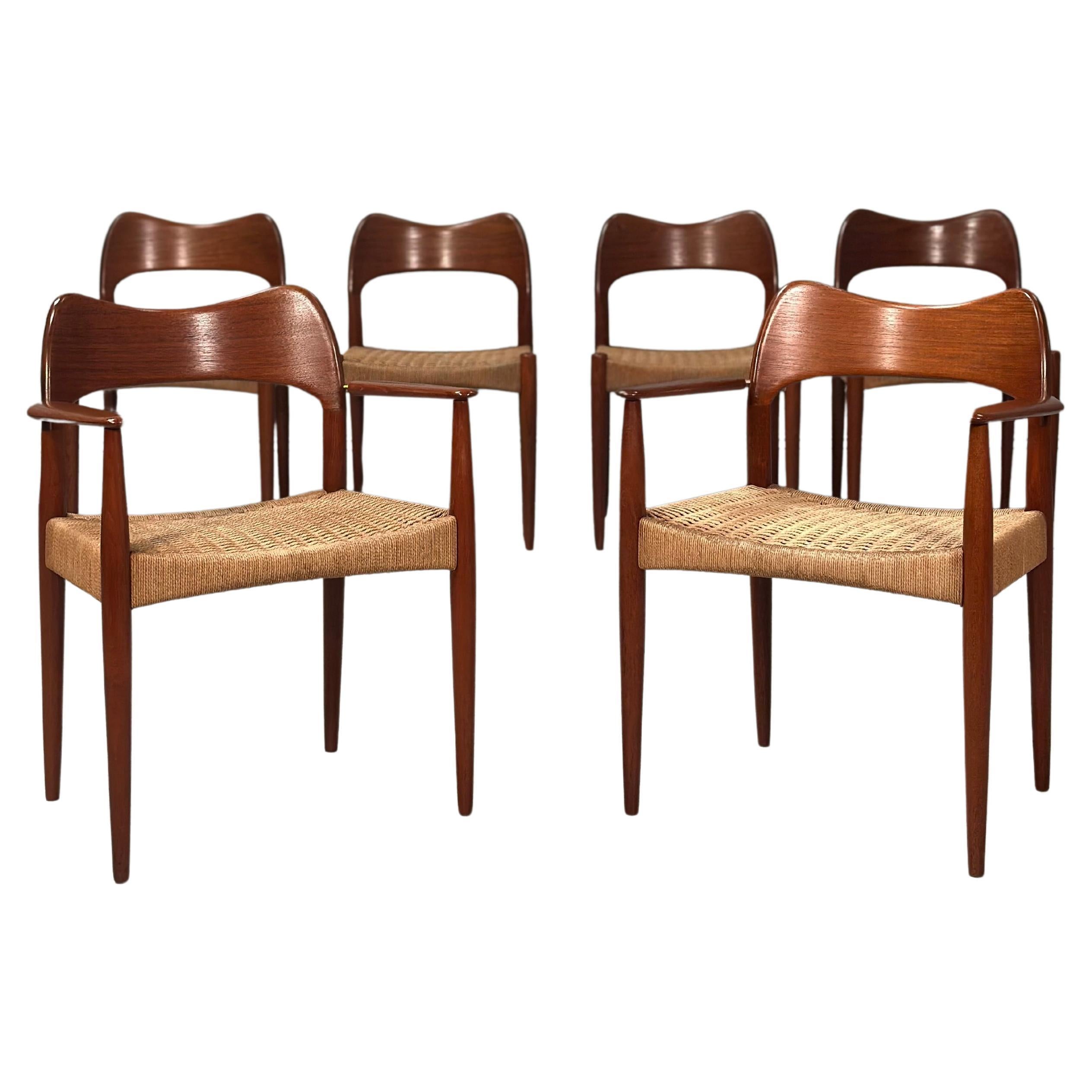 Set of 6 Danish Teak And Paper Cord Dining Chairs Designed By Arne Hovmand Olsen
