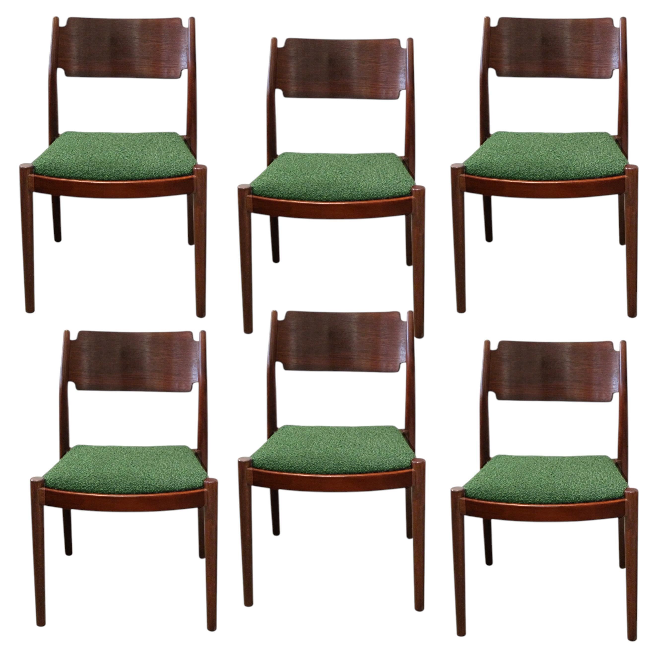 Set of 6 Danish Teak Dining Chairs in Green Bouclé, 1960s For Sale