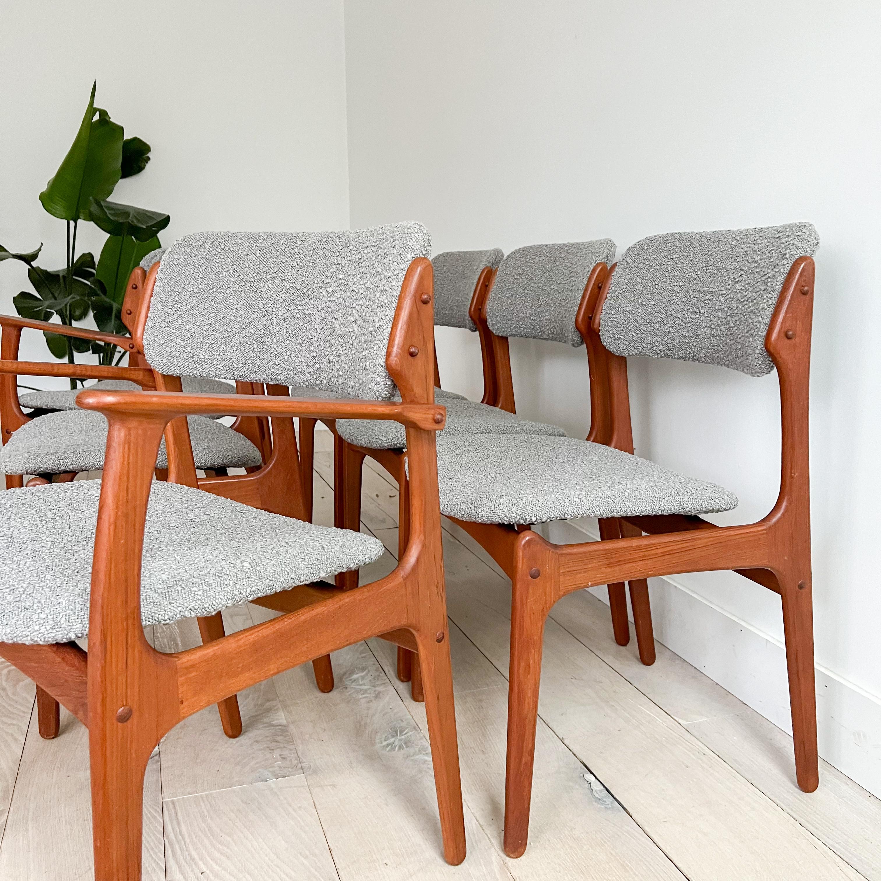 Bouclé Set of 6 Danish Teak Erik Buch Dining Chairs - New Upholstery