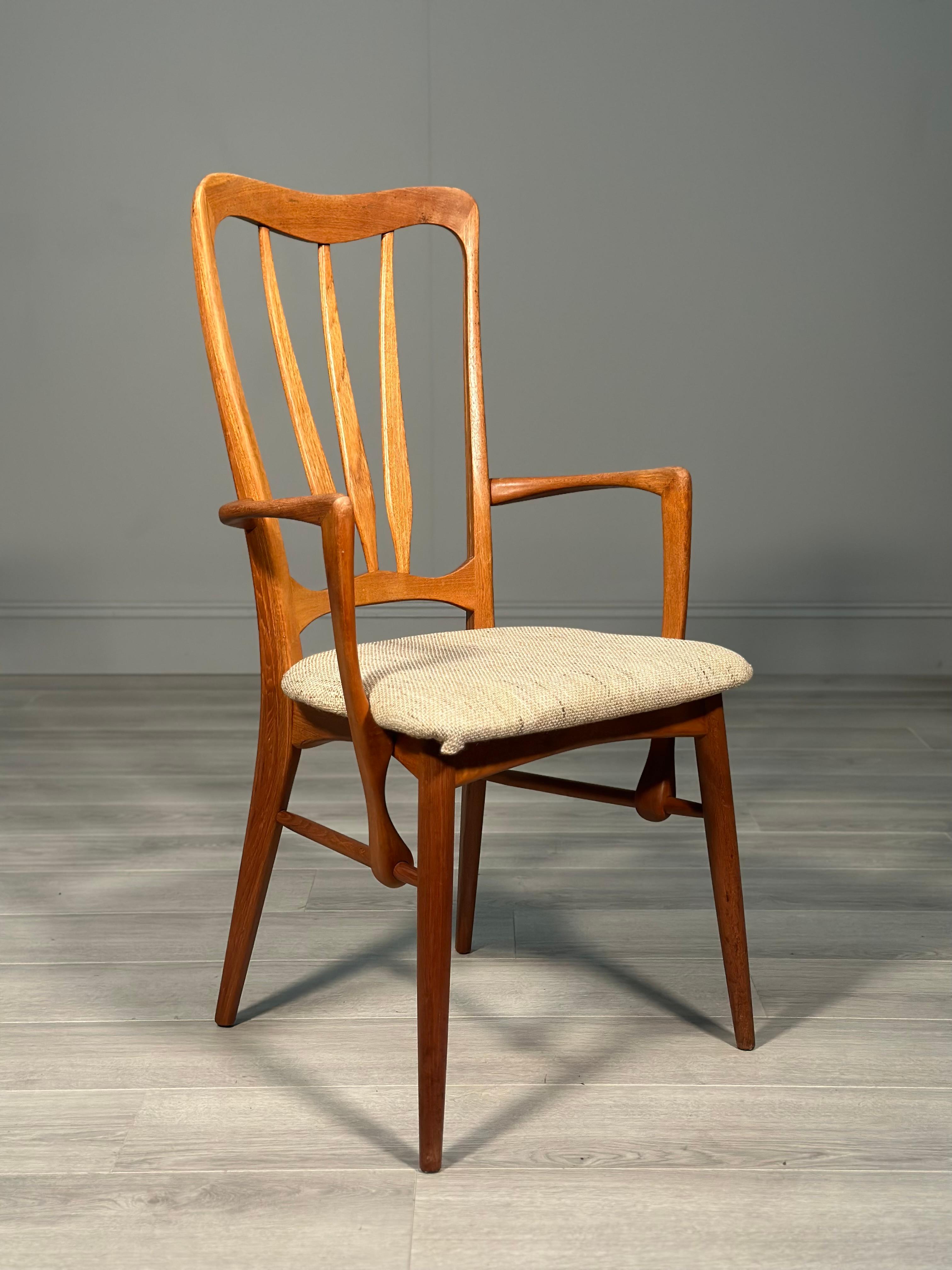 A set of these six Danish teak dining Ingrid chairs by Niels Koefoed for Koefoeds Hornslet Denmark dating to the 1960’s. The chairs have a superb design, made with beautiful solid teak in the perfect colour. The chairs are in a good order with the