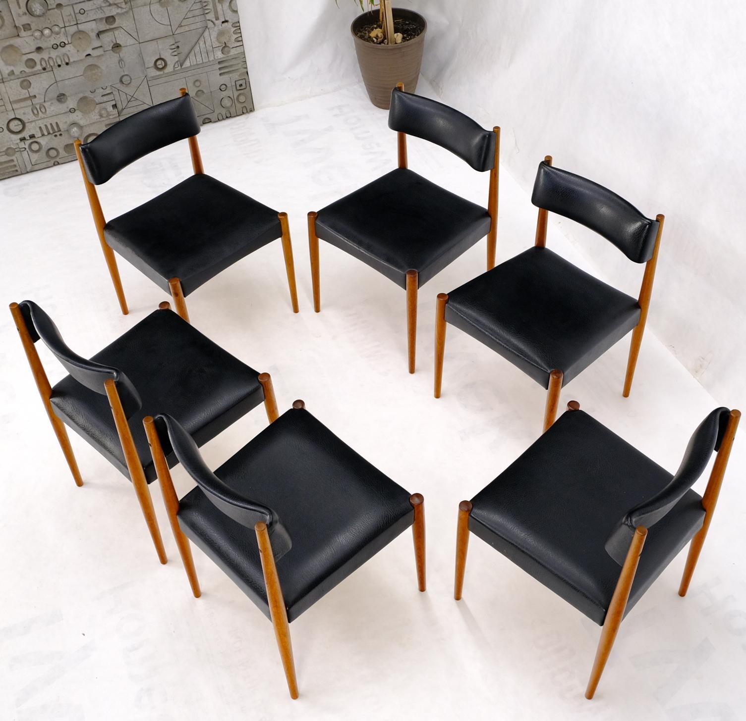 Lacquered Set of 6 Danish Teak Mid Century Modern Dining Chairs in Black Upholstery For Sale