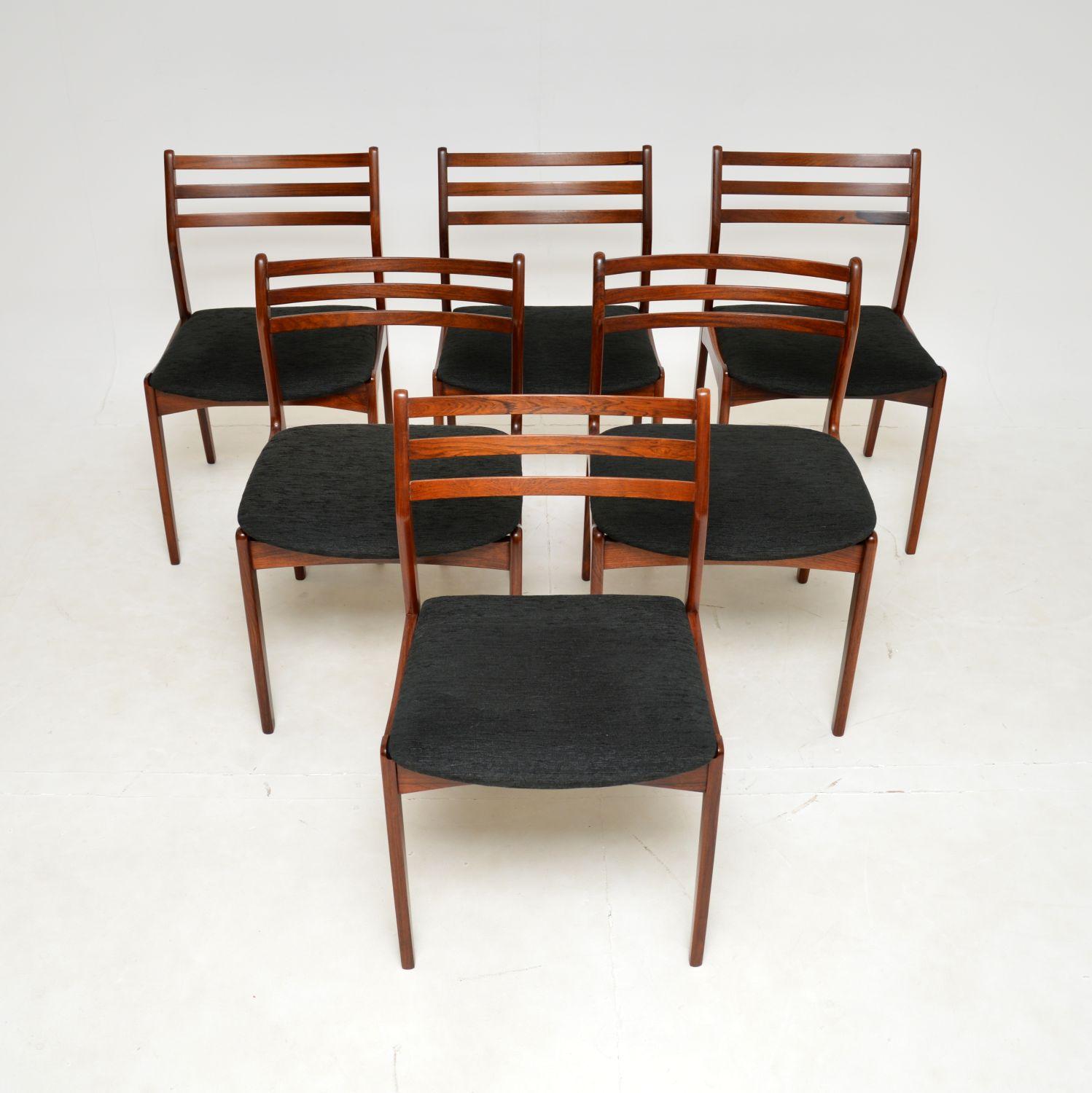 An extremely stylish and well made set of six vintage Danish dining chairs, dating from the 1960s.

This consists of a pair of chairs by P.E Jorgensen for Farso Stolefabrik, and another four very similar chairs by H. Vestervig Eriksen for Brdr.