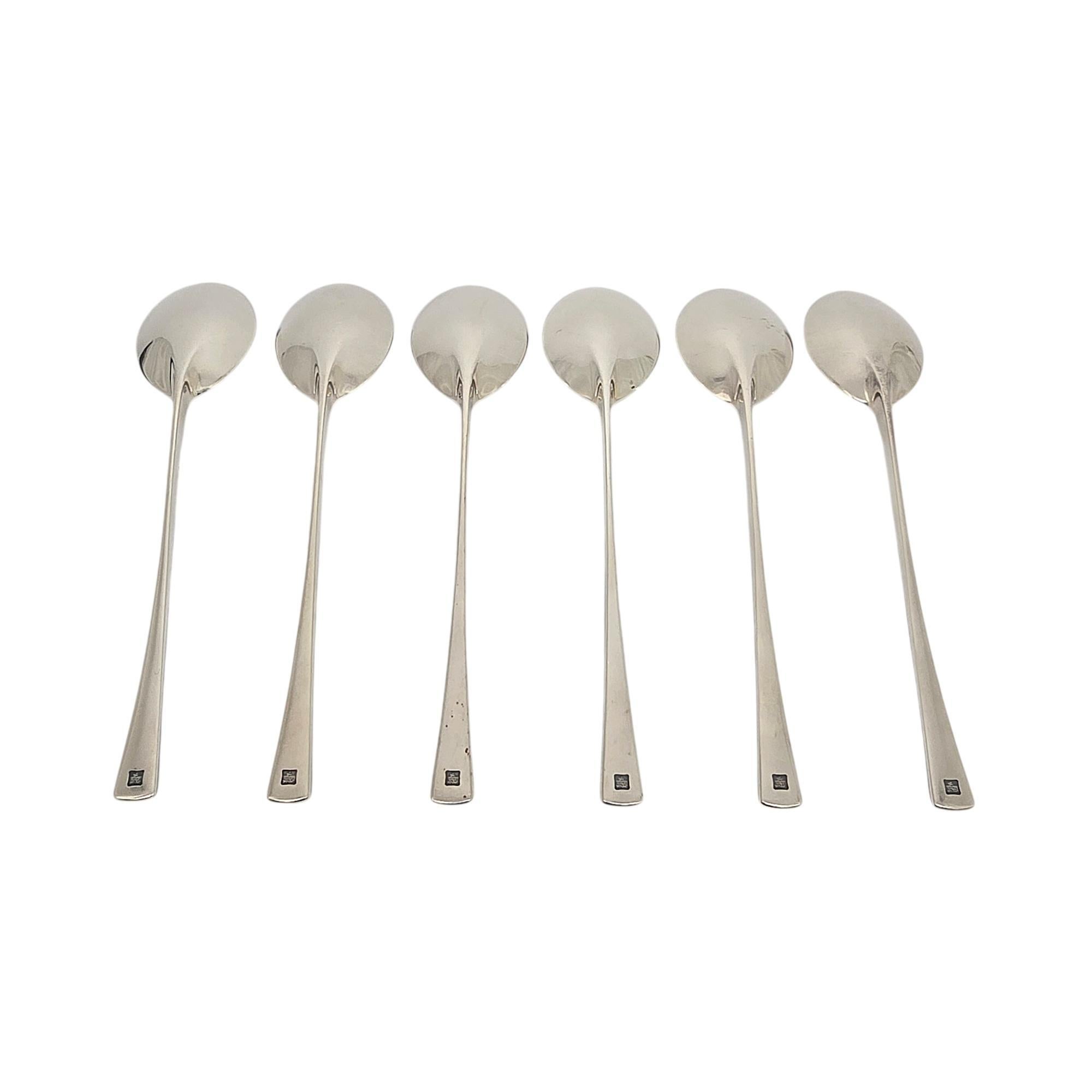 Set of 6 sterling silver place oval soup spoons in the Tjorn pattern by Dansk Denmark.

Designed by Danish artist and designer Jens Quistgaard in 1959, Dansk's Tjorn pattern is still in high demand today. These place setting soup spoons feature a