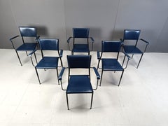 Set of 6 dark blue leather dining chairs by Fasem, 1980s
