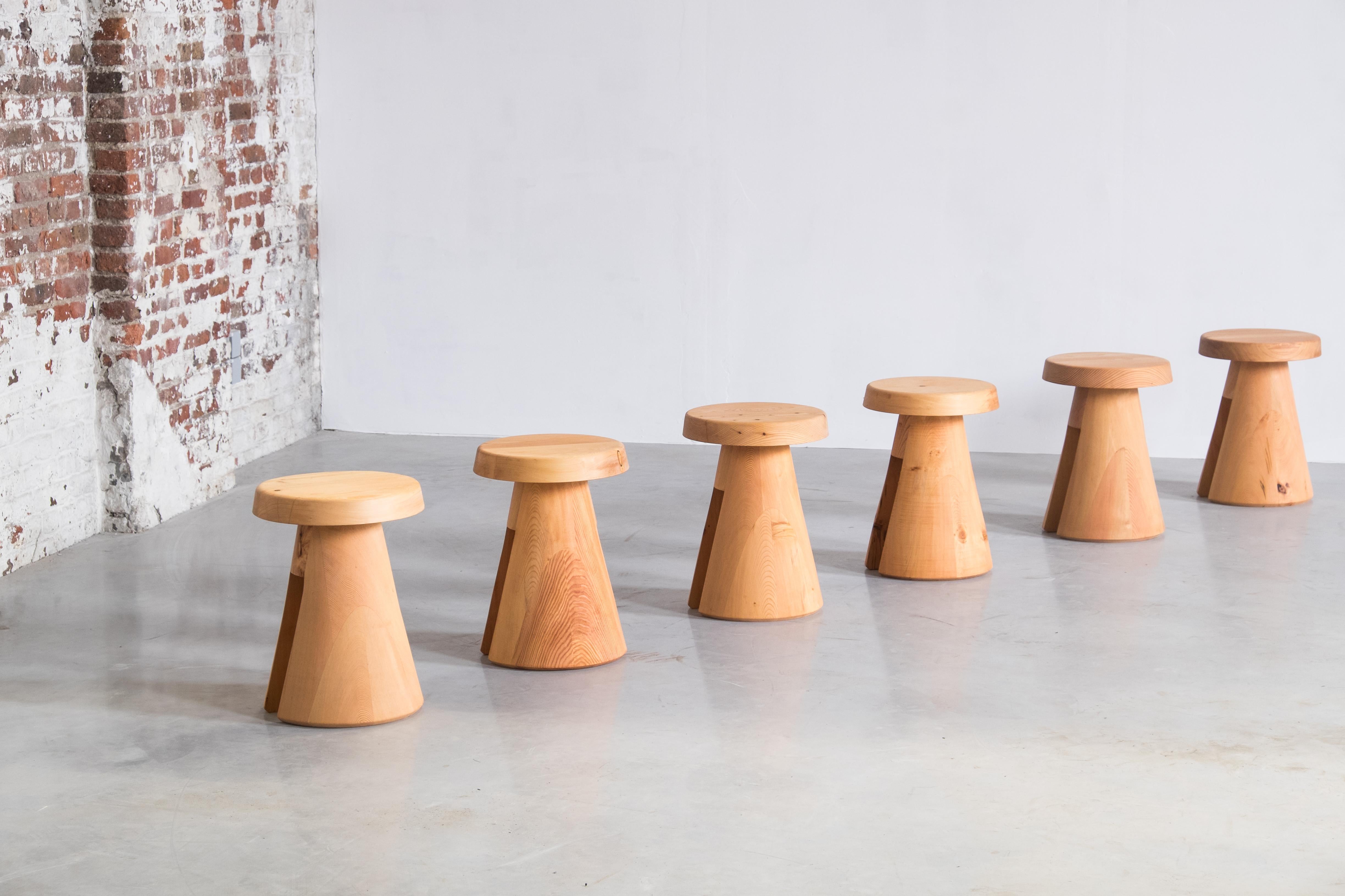 Set of 6 data stool in solid oregon by Atelier Thomas Serruys
Dimensions: H 44 x D 32cm
Materials: A hand turned stool in solid oregon. 

A hand turned stool in solid oregon. Trapezoid shaped base with rectangular void, topped by a soft edged