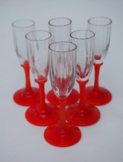 Set of 6 Daum Orange footed tiny Liquor glasses signed c 1920
