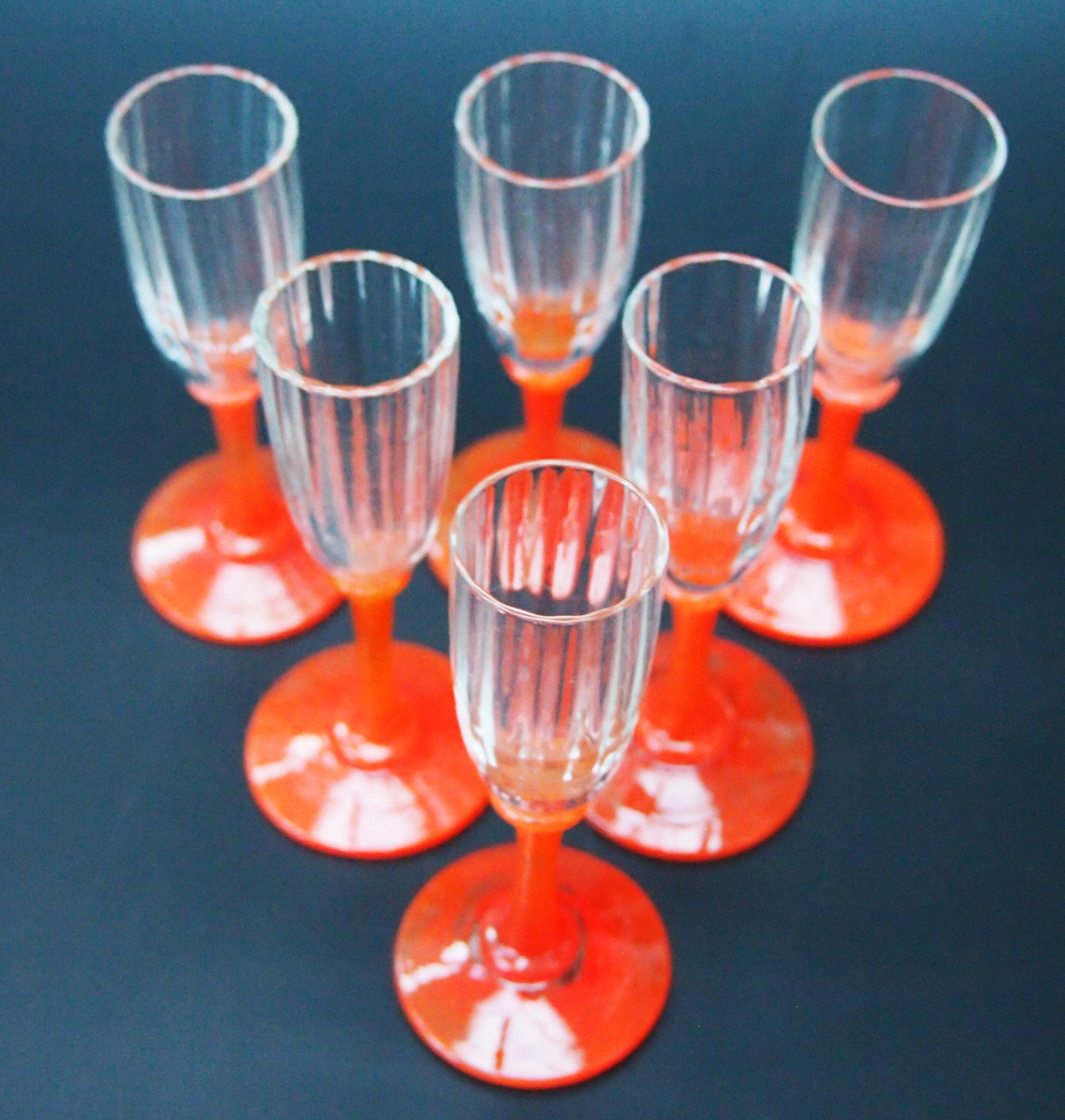 French Set of 6 Daum Orange footed tiny Liquor glasses signed c 1920 For Sale
