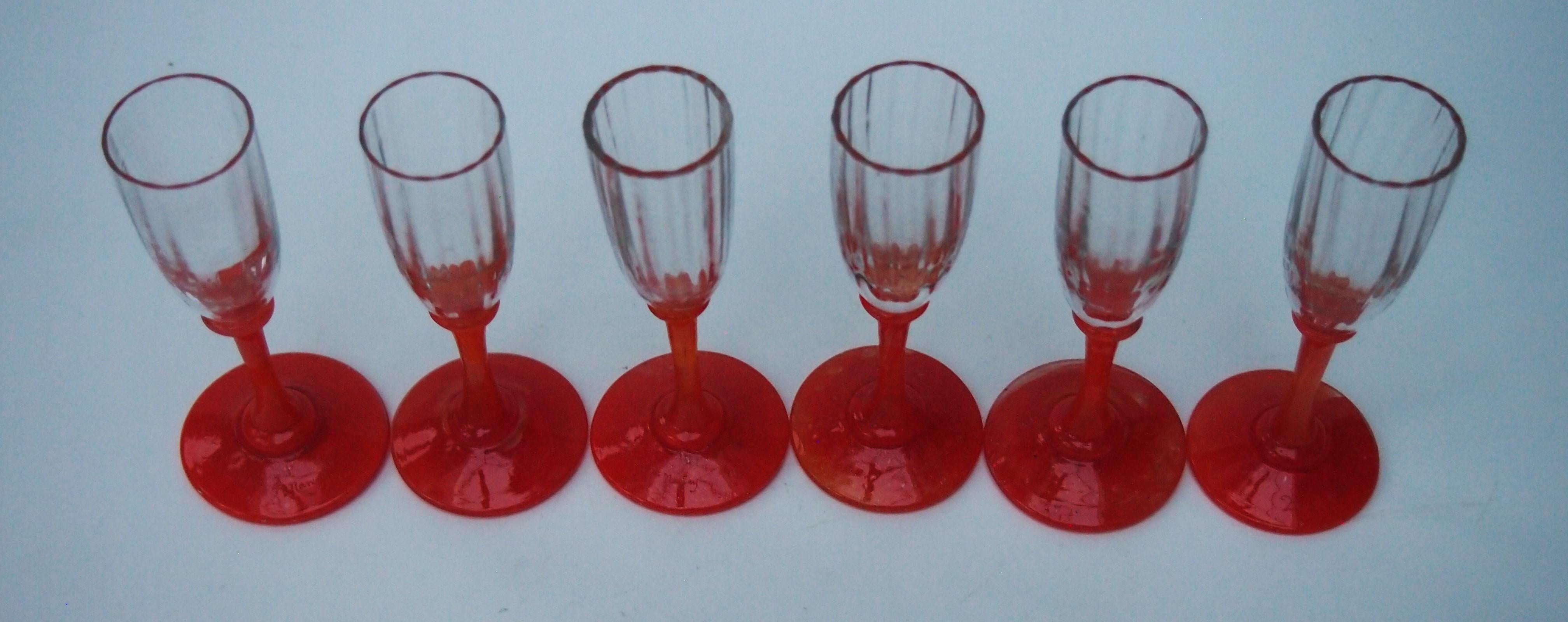 Art Glass Set of 6 Daum Orange footed tiny Liquor glasses signed c 1920 For Sale