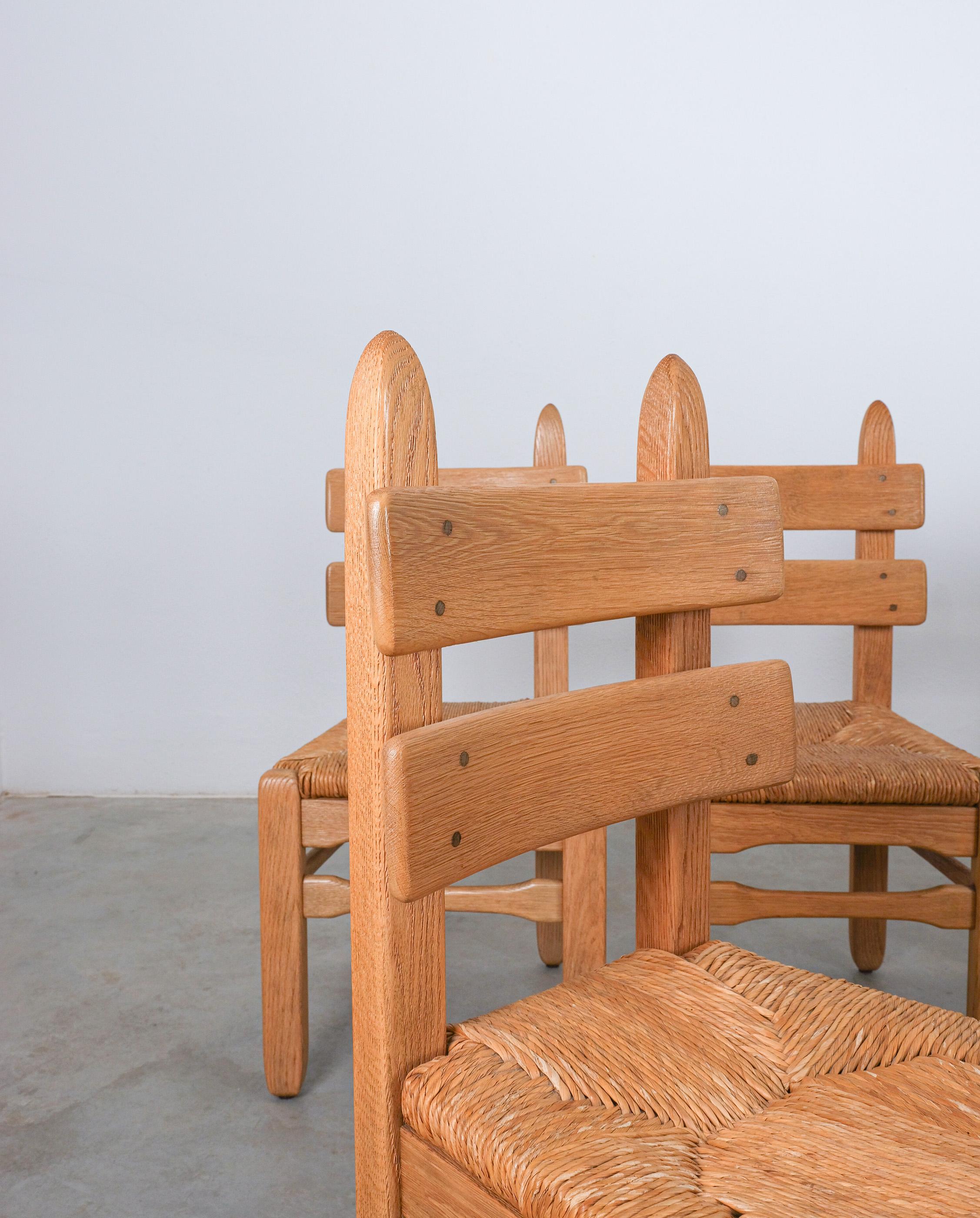 Ensemble de 6 chaises de salle à manger De Puydt Brutalist en chêne lourd et corde, 1950 en vente 2