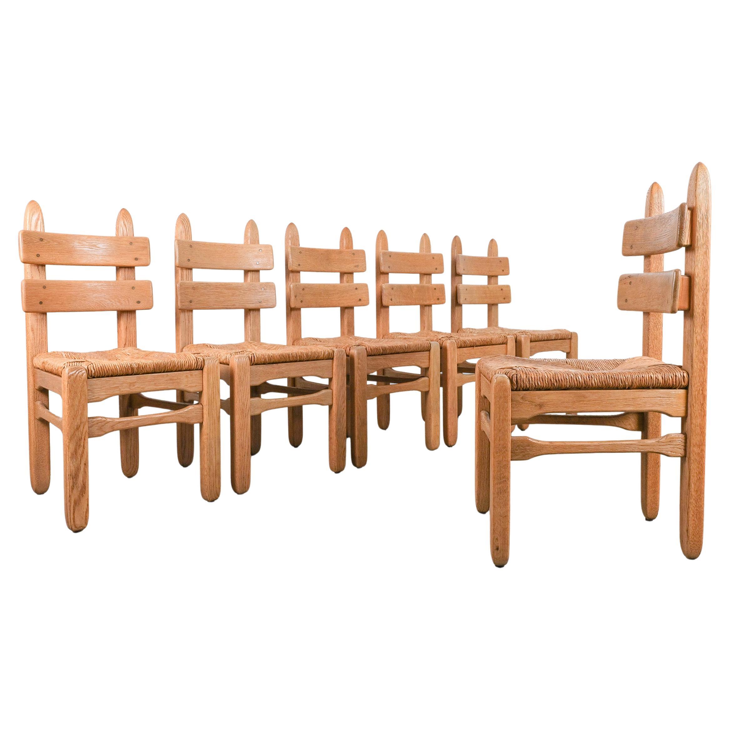 Set of 6 De Puydt Brutalist Heavy Oak And Rope Dining Chairs, 1950